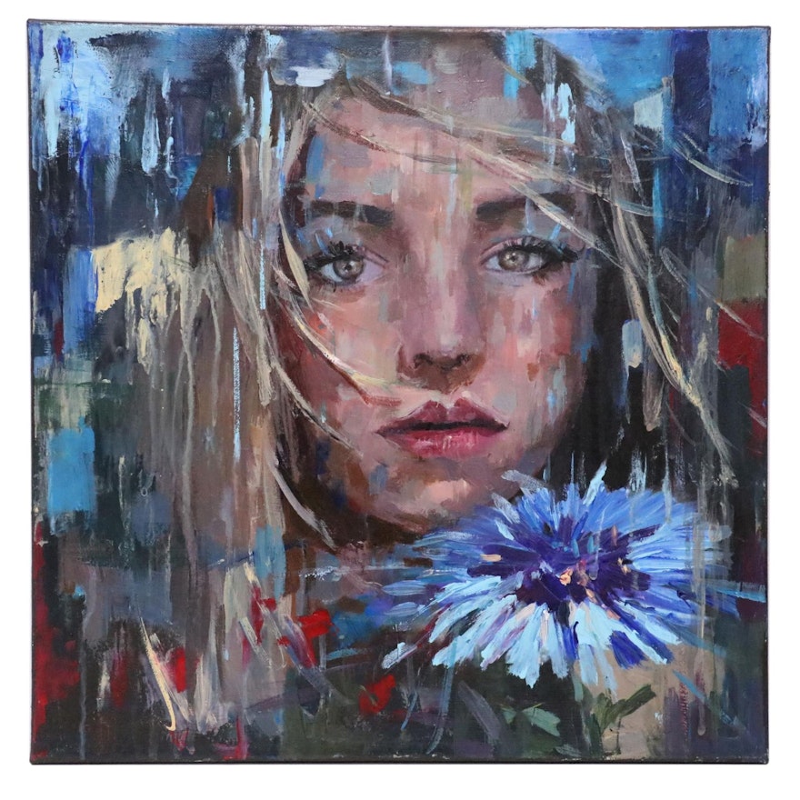 Adam Deda Portrait Oil Painting "Girl with a Blue Flower," 2020