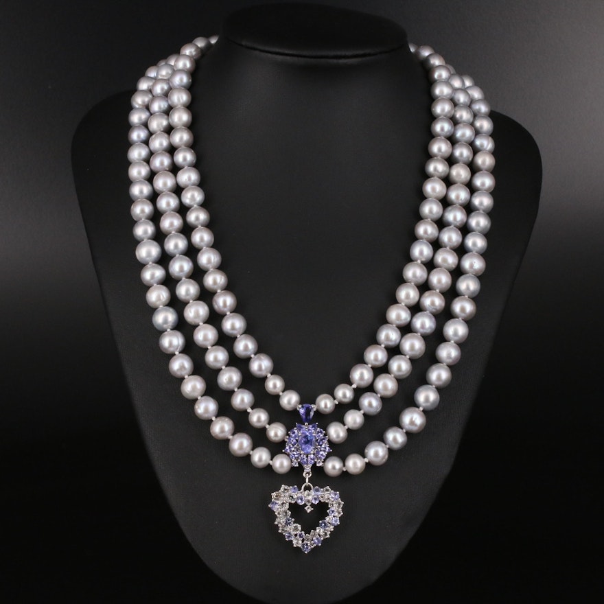 Sterling Tanzanite and Sapphire Heart Pendant on Pearl Triple Strand Necklace
