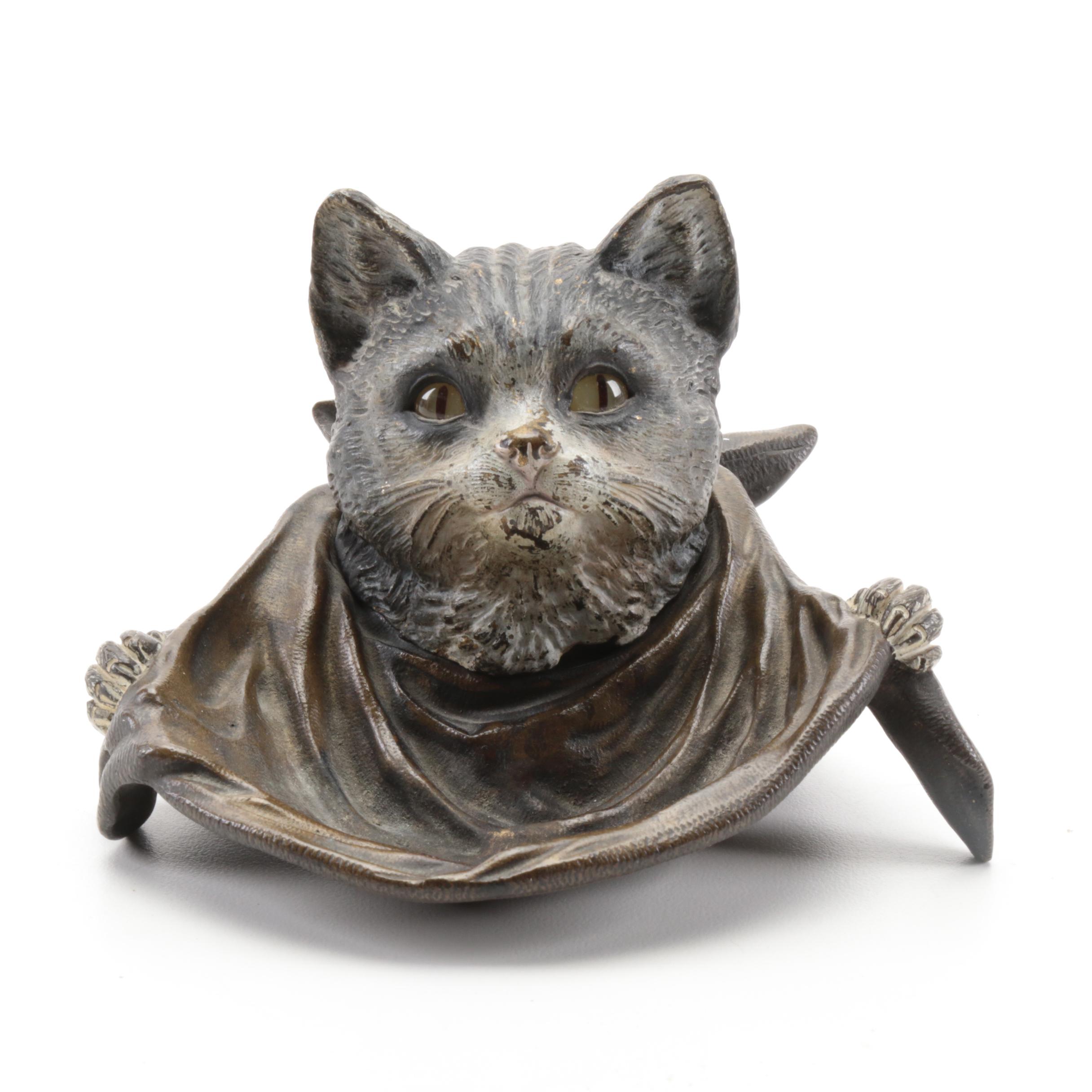 Austrian Cold Painted Bronze Cat with Glass Eyes Inkwell, Antique