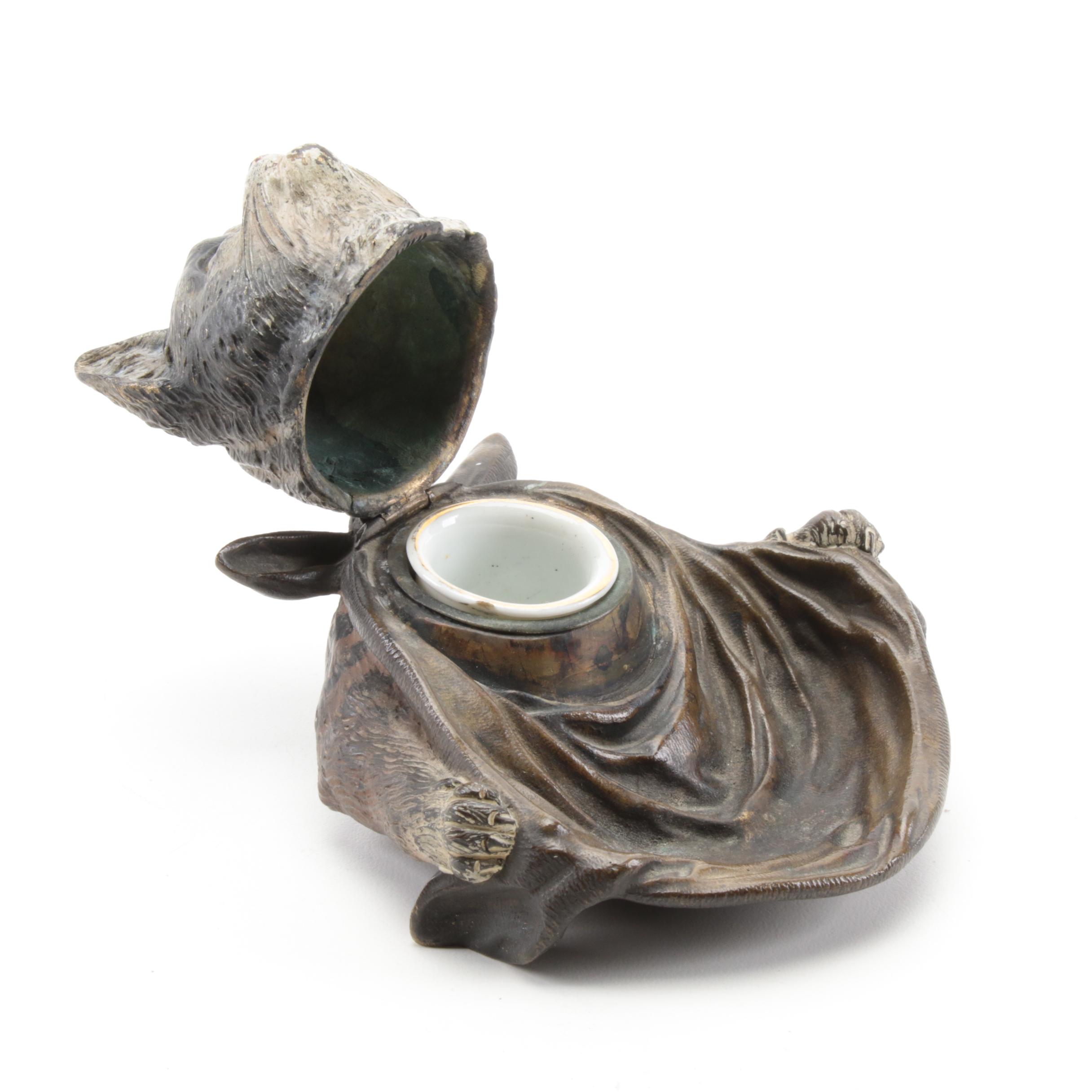 Austrian Cold Painted Bronze Cat with Glass Eyes Inkwell, Antique