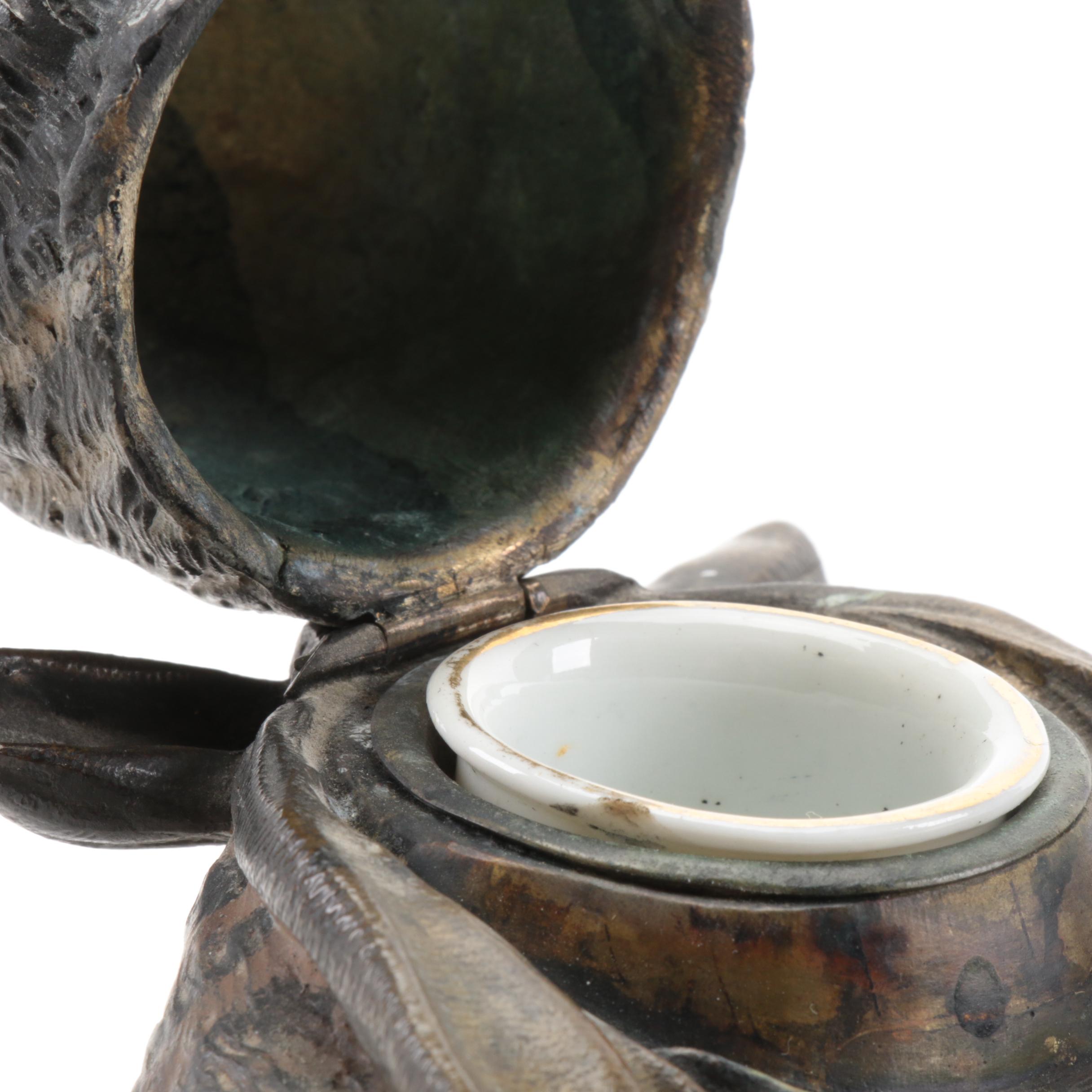 Austrian Cold Painted Bronze Cat with Glass Eyes Inkwell, Antique