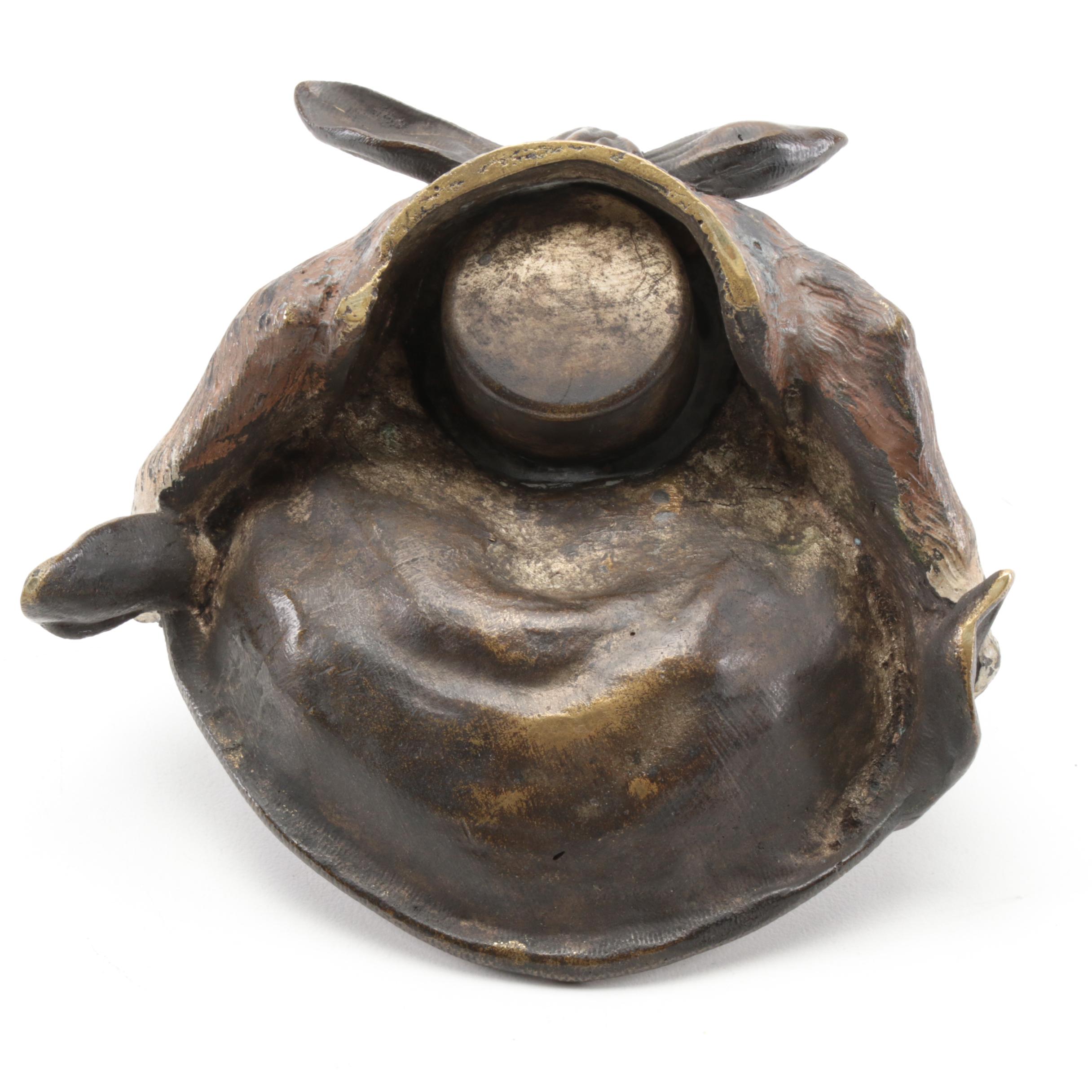 Austrian Cold Painted Bronze Cat with Glass Eyes Inkwell, Antique