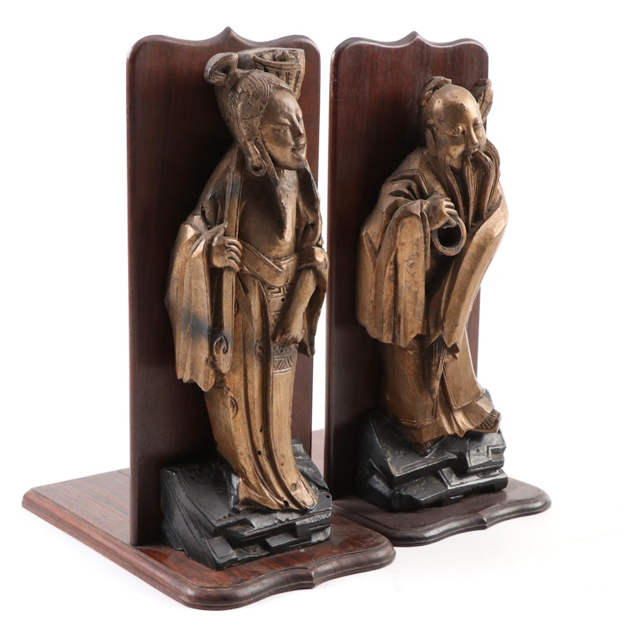 Chinese Style Figural Carved Wooden Bookends of Shou Xing and Guan Yin