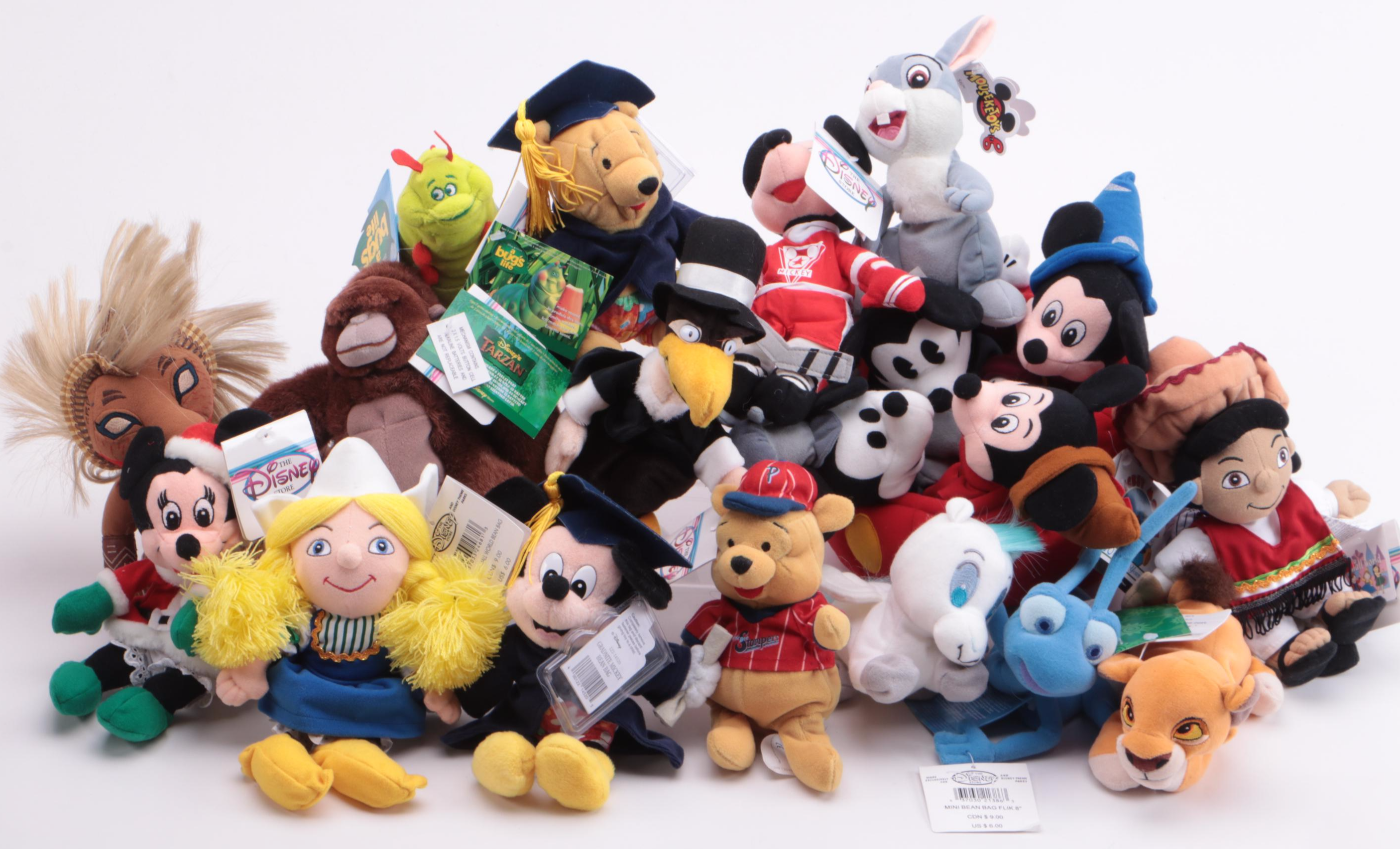Walt Disney Plush Characters Including "Figment" and "A Bug's Life"