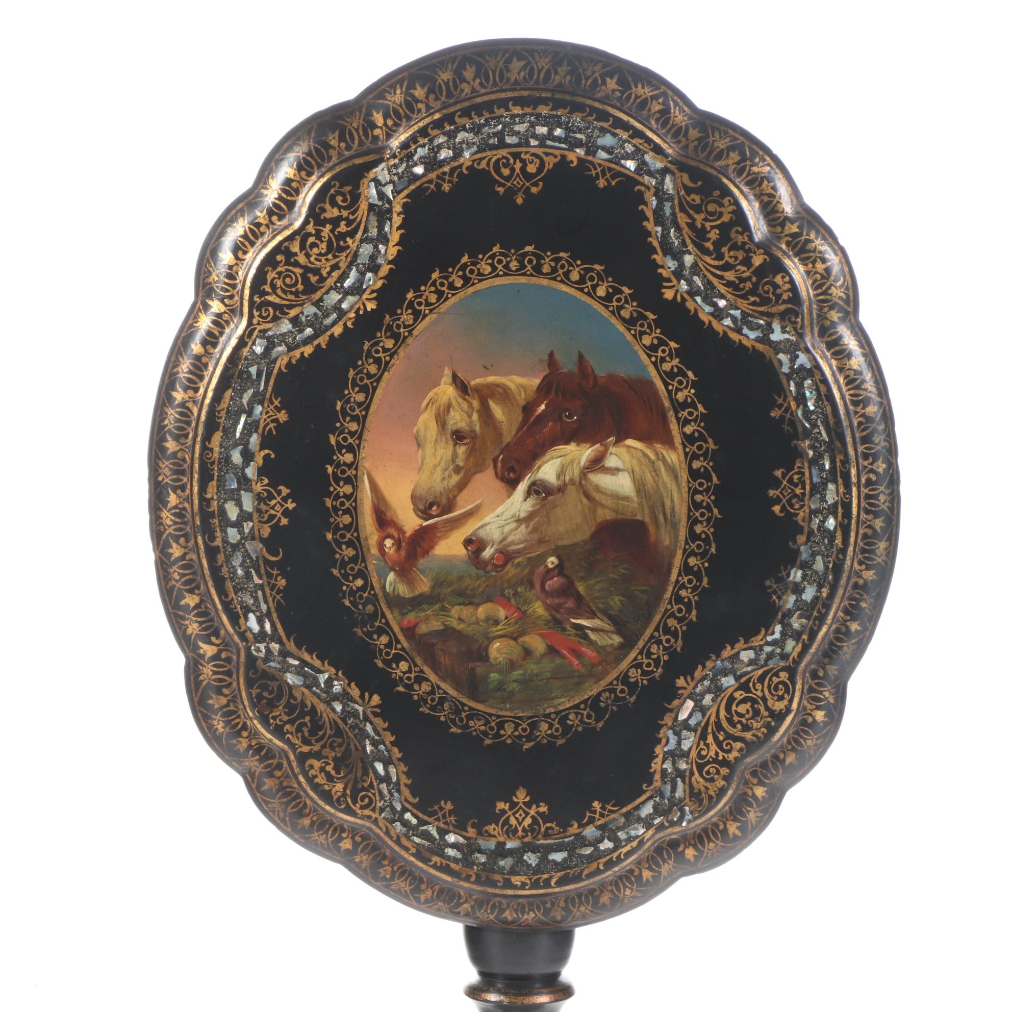 Victorian Ebonized, Polychromed, and MOP-Inlaid Papier Mâché Tilt-Top Table
