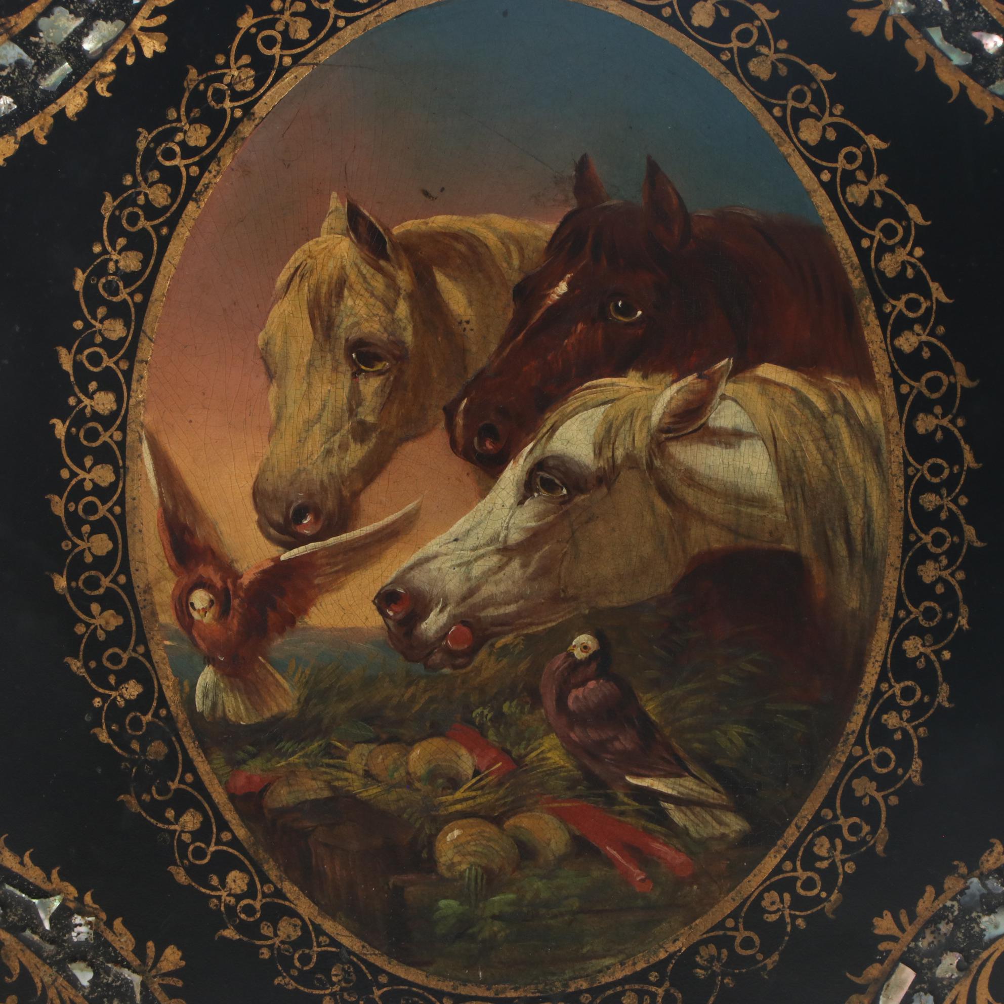 Victorian Ebonized, Polychromed, and MOP-Inlaid Papier Mâché Tilt-Top Table