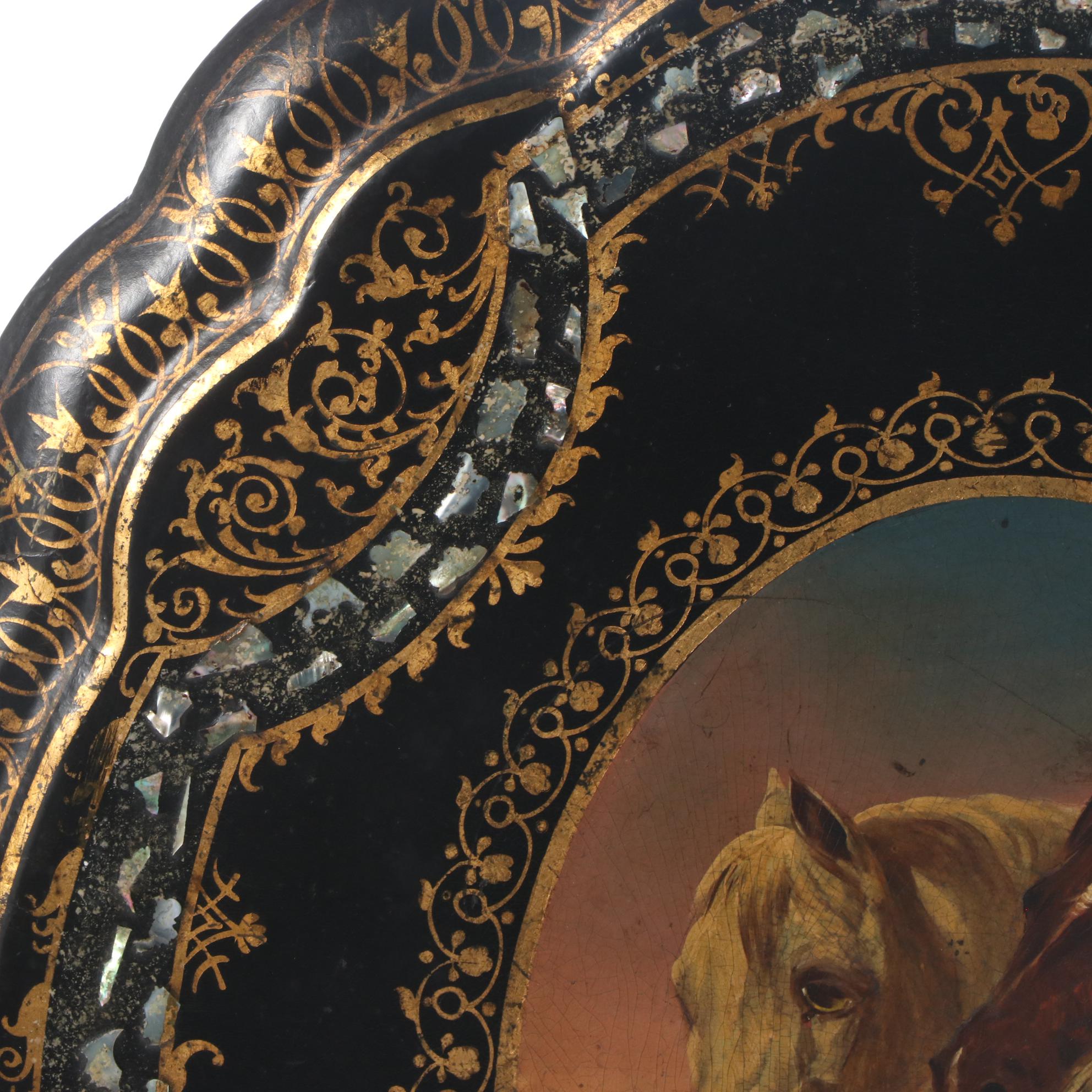 Victorian Ebonized, Polychromed, and MOP-Inlaid Papier Mâché Tilt-Top Table