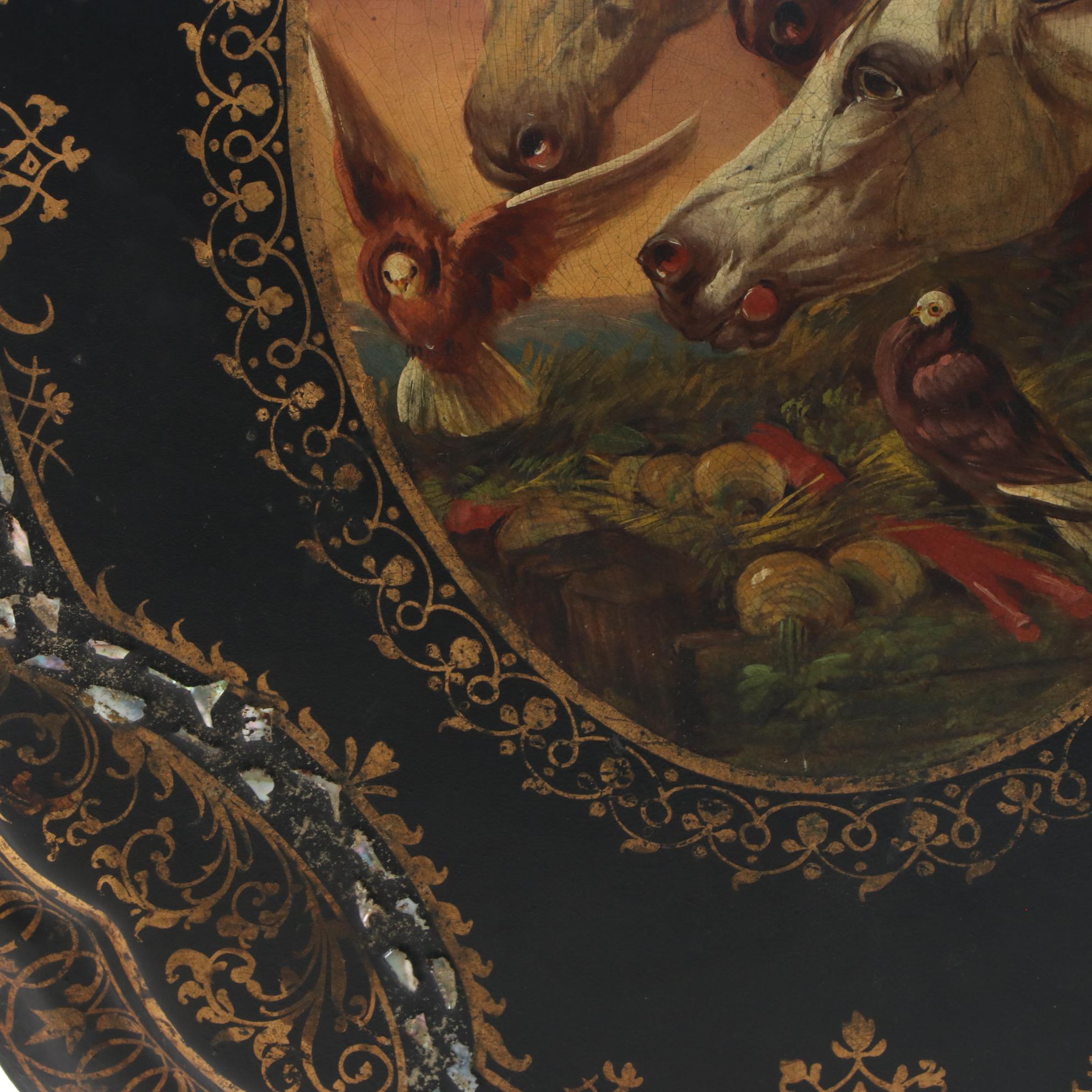 Victorian Ebonized, Polychromed, and MOP-Inlaid Papier Mâché Tilt-Top Table