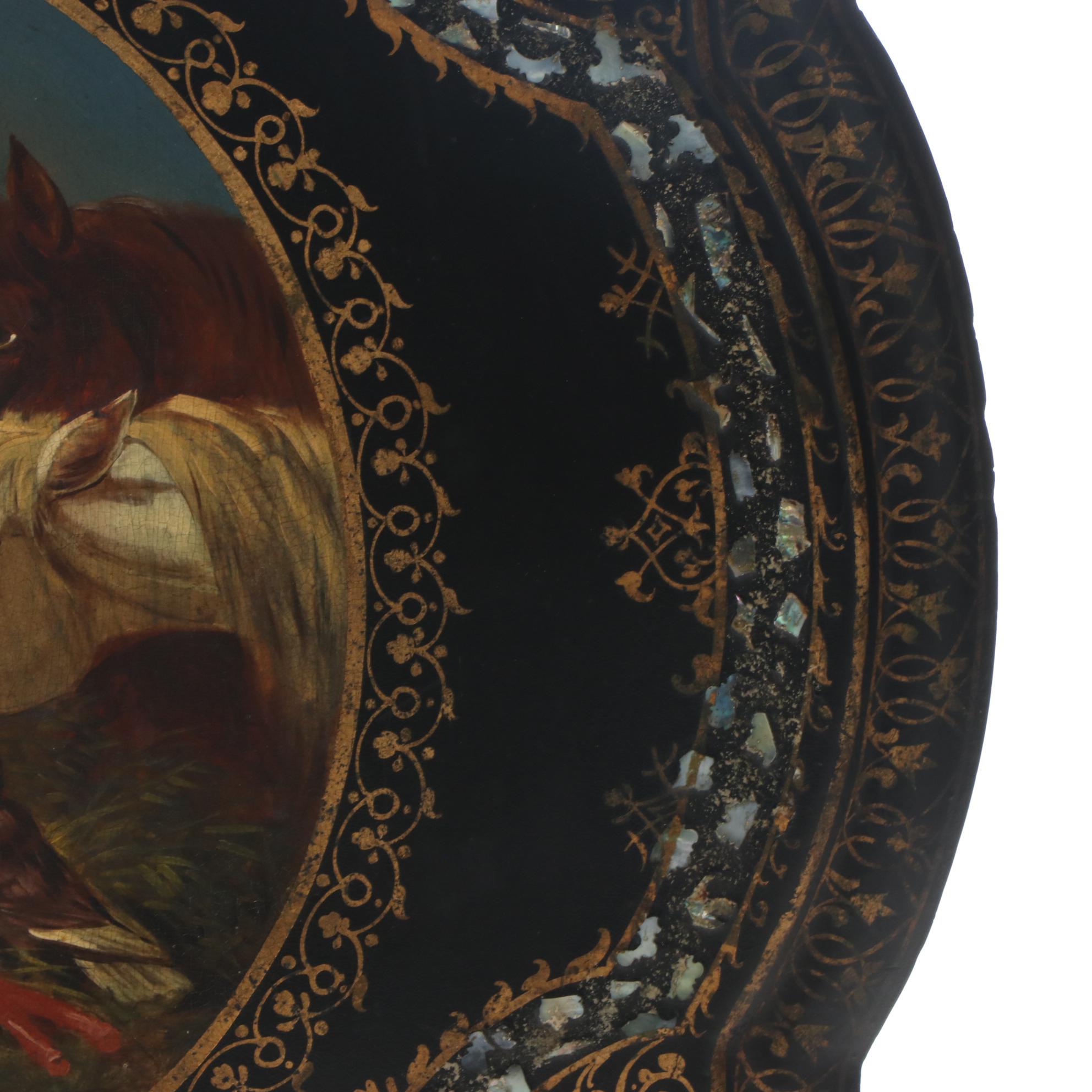 Victorian Ebonized, Polychromed, and MOP-Inlaid Papier Mâché Tilt-Top Table