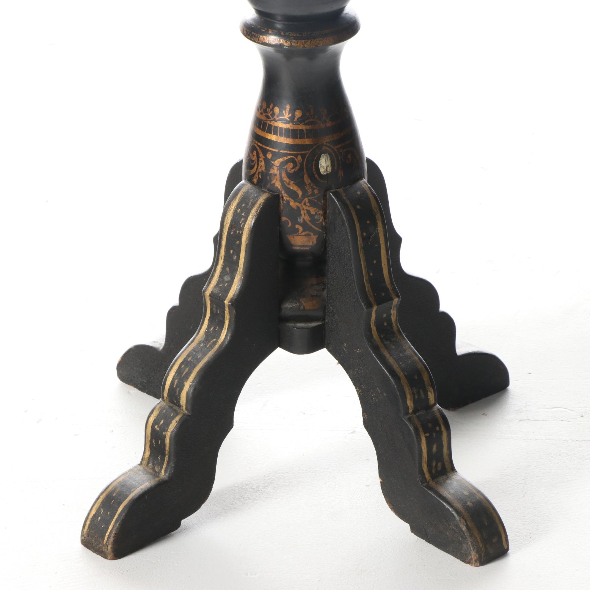 Victorian Ebonized, Polychromed, and MOP-Inlaid Papier Mâché Tilt-Top Table