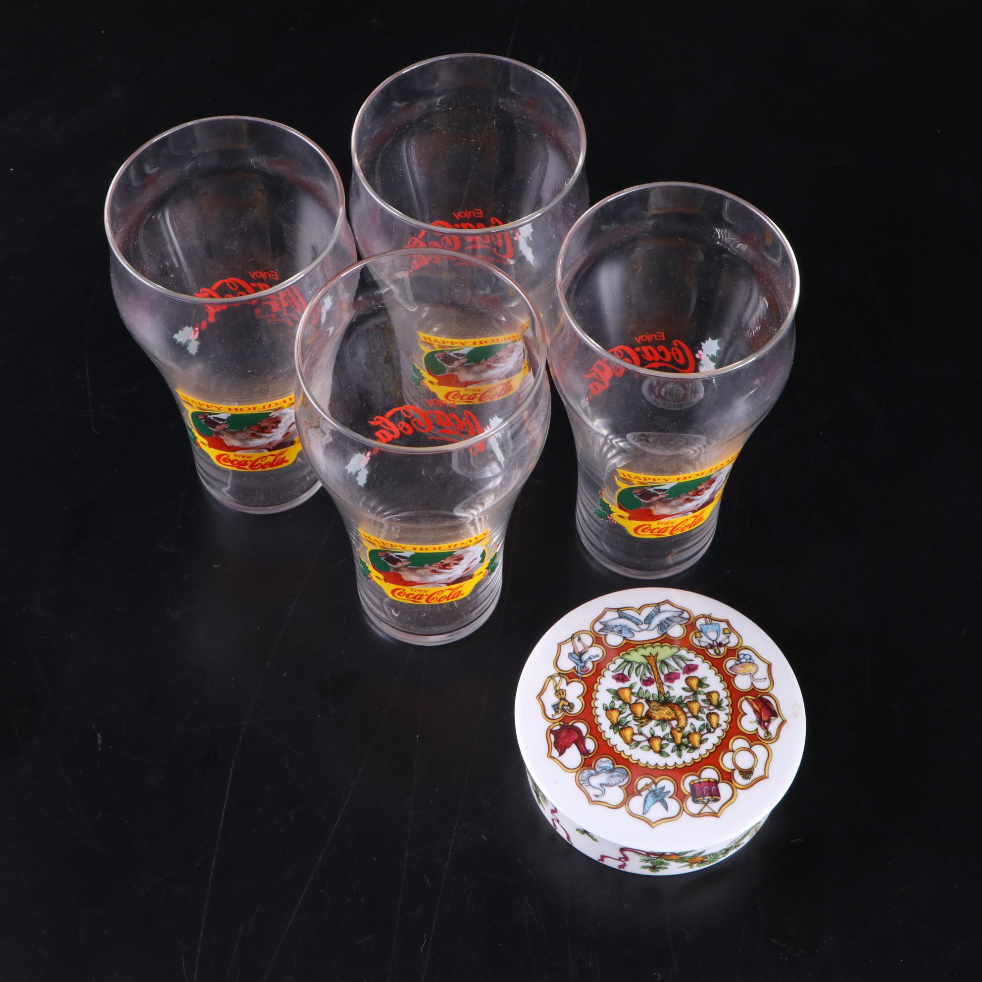Coca-Cola "Happy Holiday" Glassware Set and Porcelain Music Box
