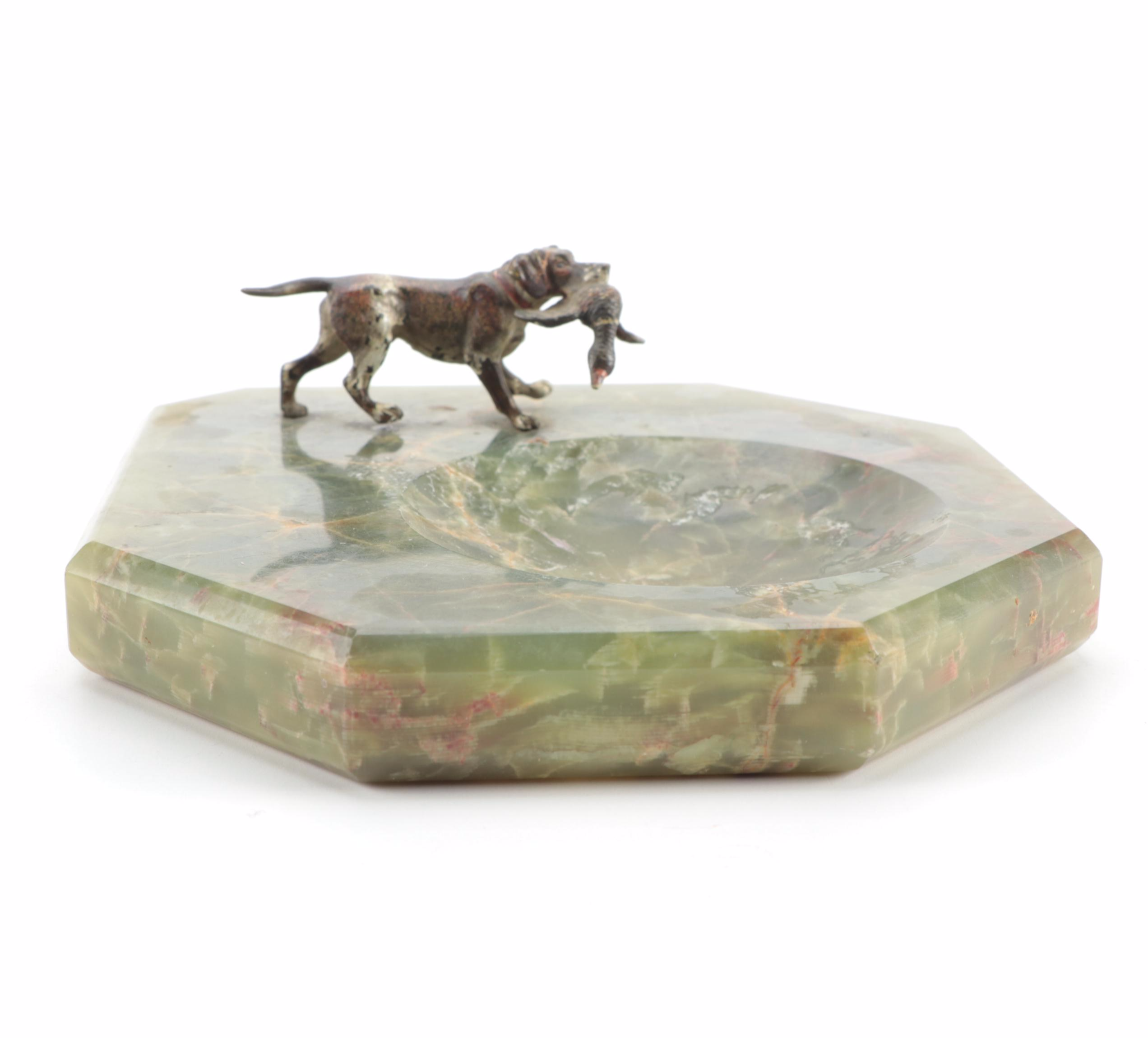 Continental Painted Bronze Hunting Dog Onyx Ashtray, and Bronze Dog on Marble