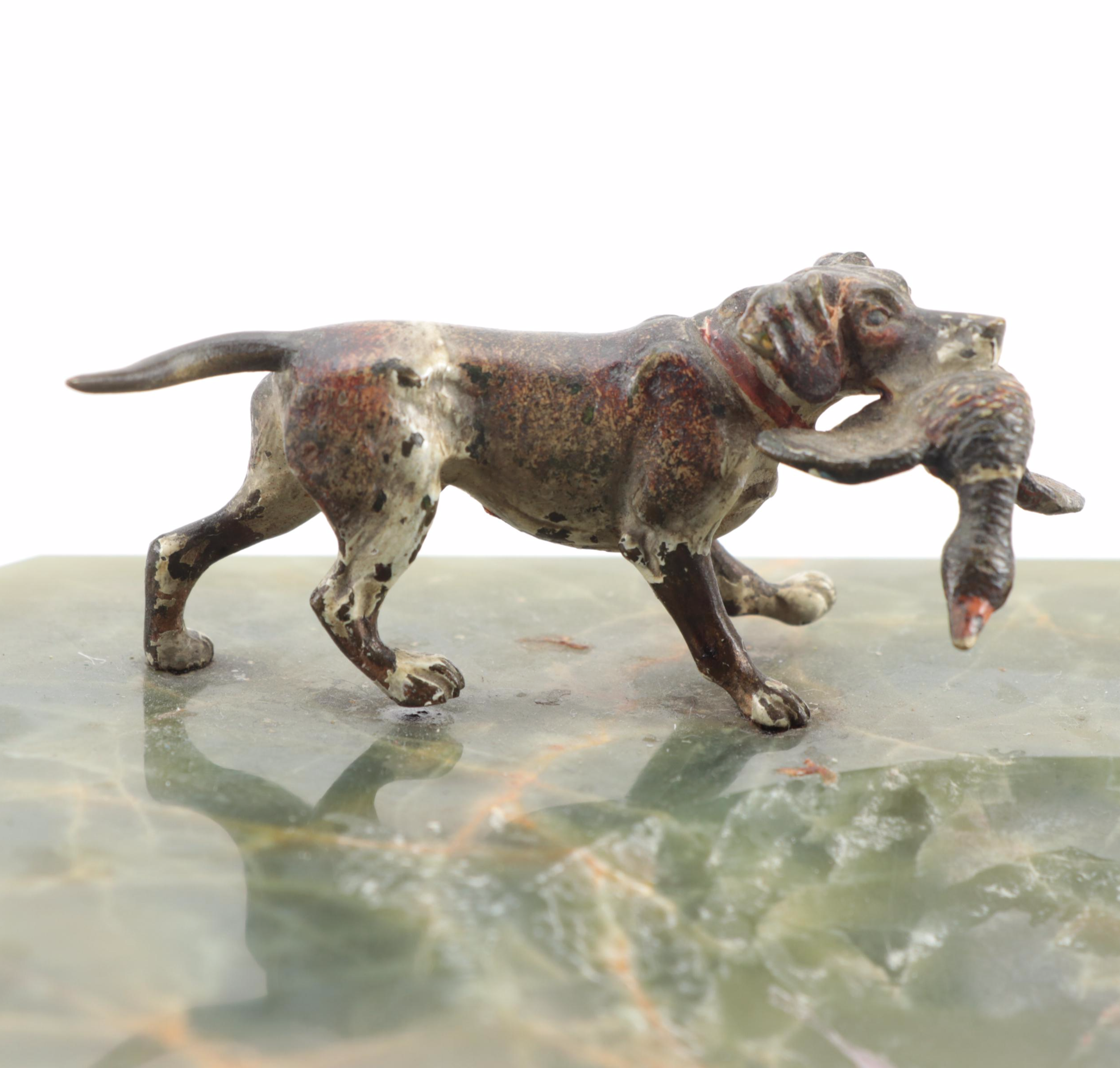 Continental Painted Bronze Hunting Dog Onyx Ashtray, and Bronze Dog on Marble
