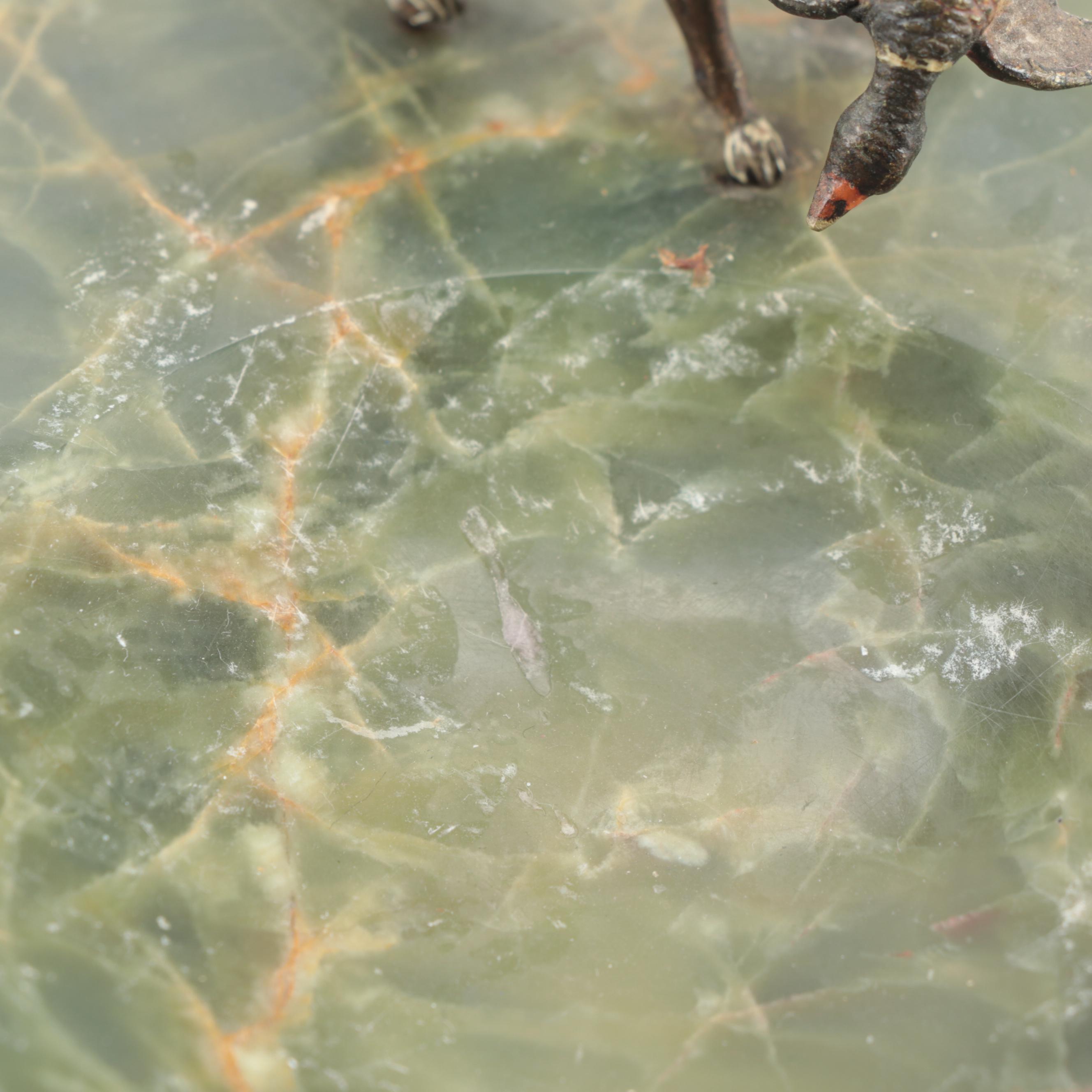 Continental Painted Bronze Hunting Dog Onyx Ashtray, and Bronze Dog on Marble