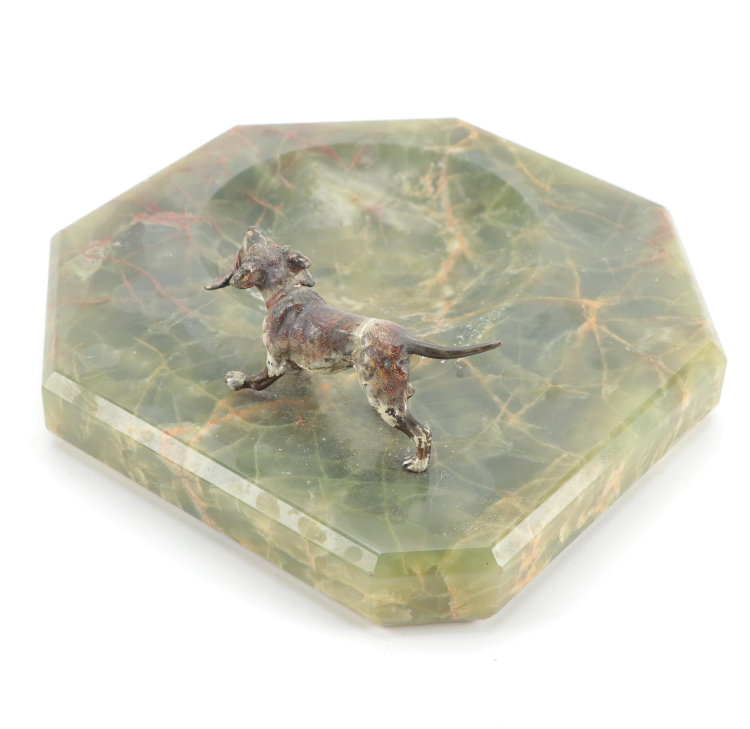 Continental Painted Bronze Hunting Dog Onyx Ashtray, and Bronze Dog on Marble