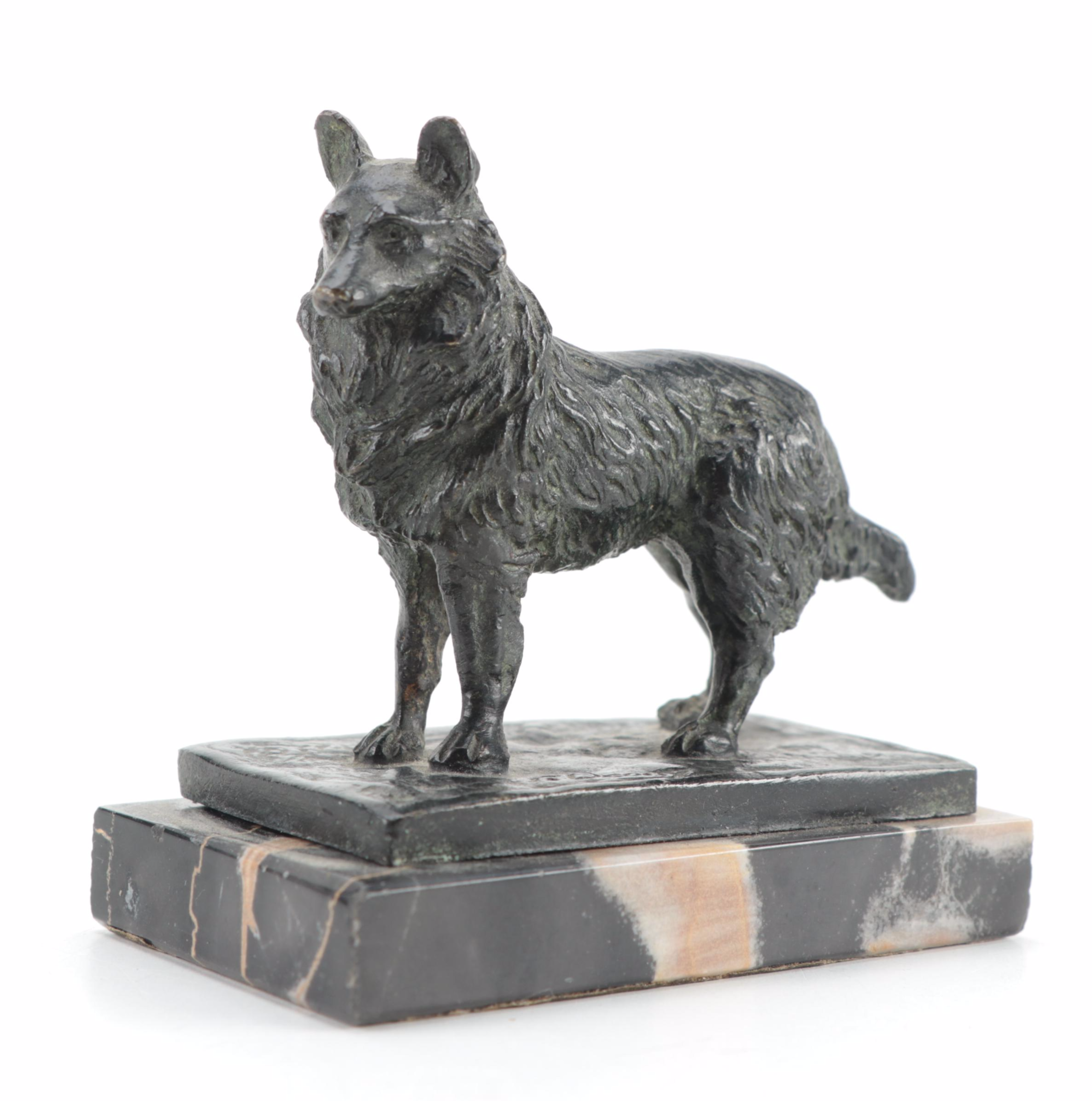 Continental Painted Bronze Hunting Dog Onyx Ashtray, and Bronze Dog on Marble