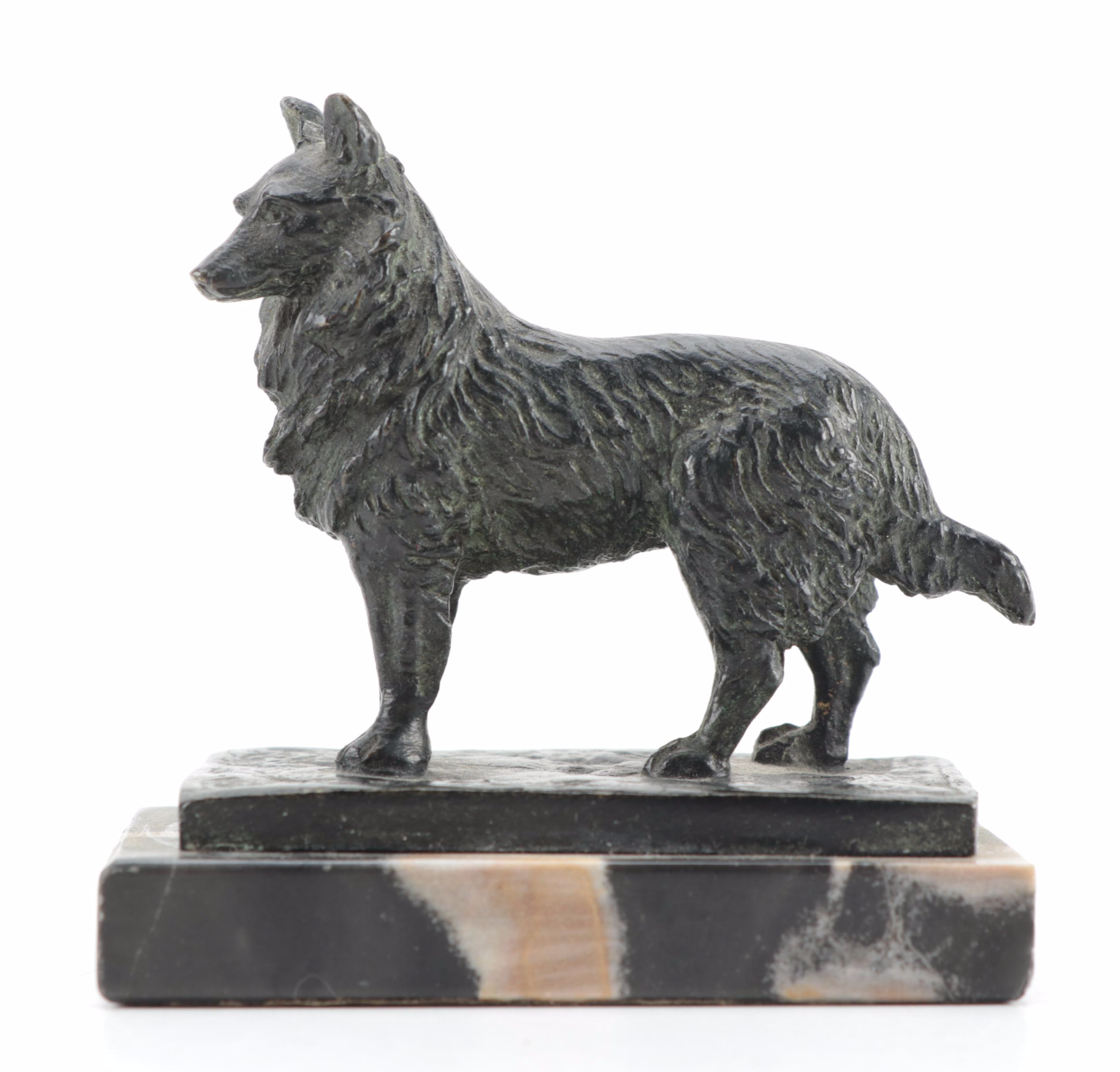 Continental Painted Bronze Hunting Dog Onyx Ashtray, and Bronze Dog on Marble