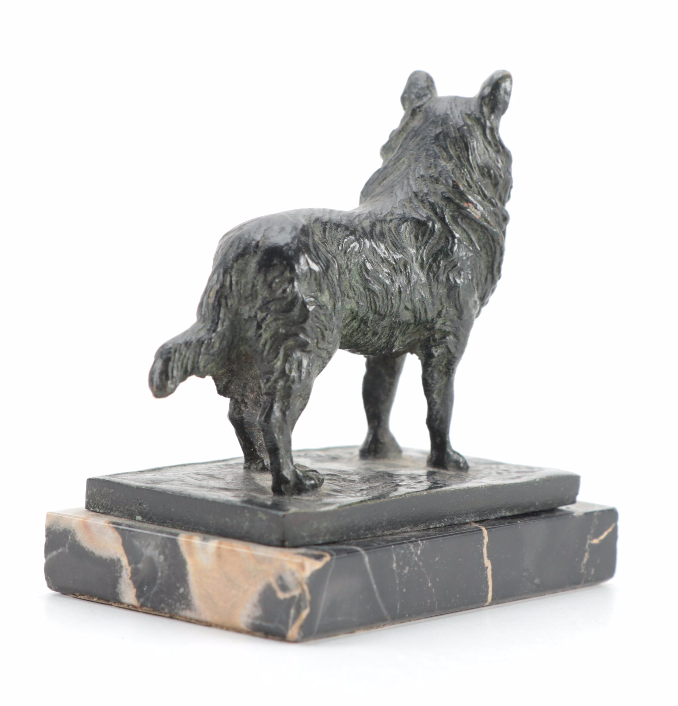 Continental Painted Bronze Hunting Dog Onyx Ashtray, and Bronze Dog on Marble