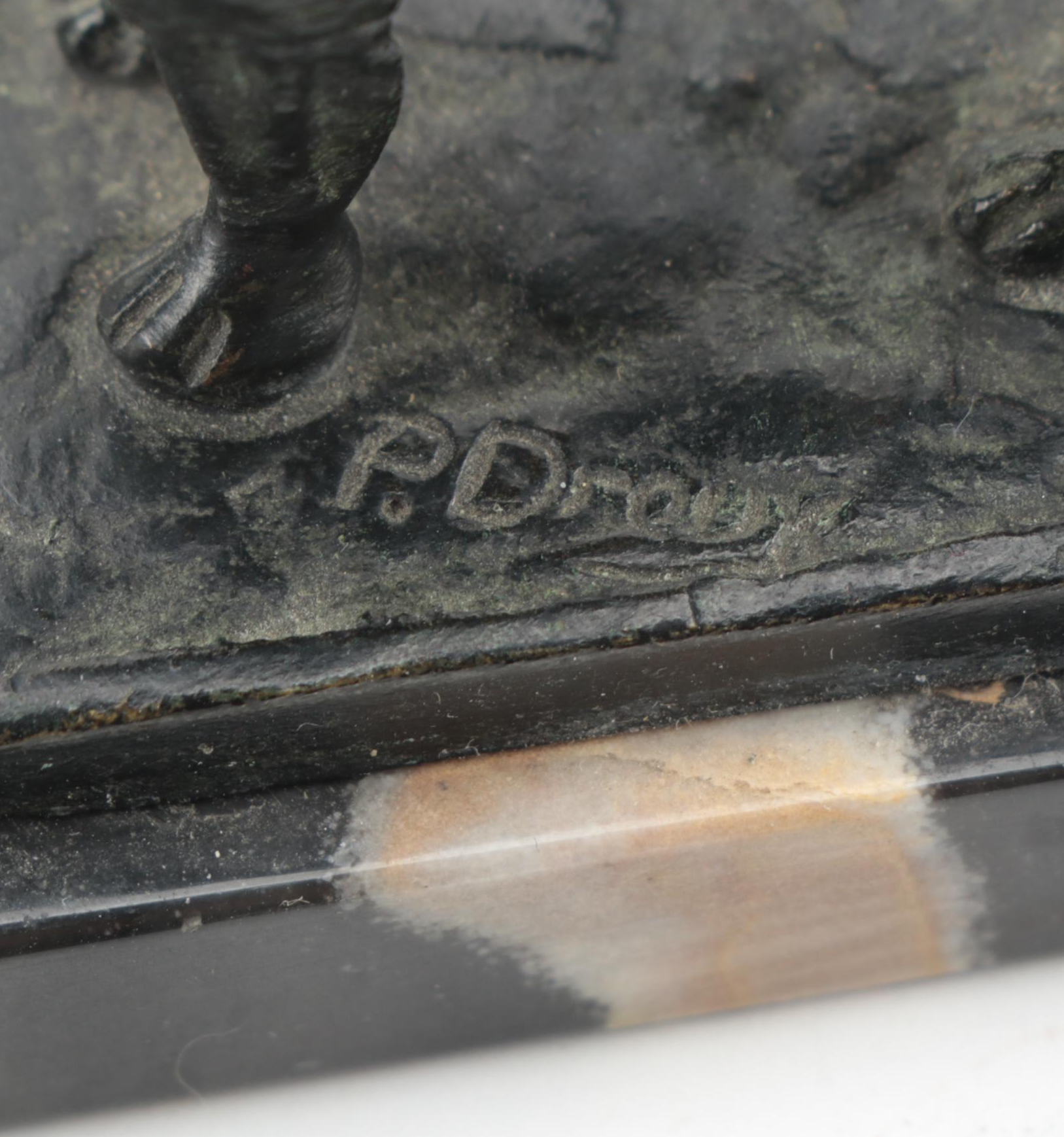 Continental Painted Bronze Hunting Dog Onyx Ashtray, and Bronze Dog on Marble