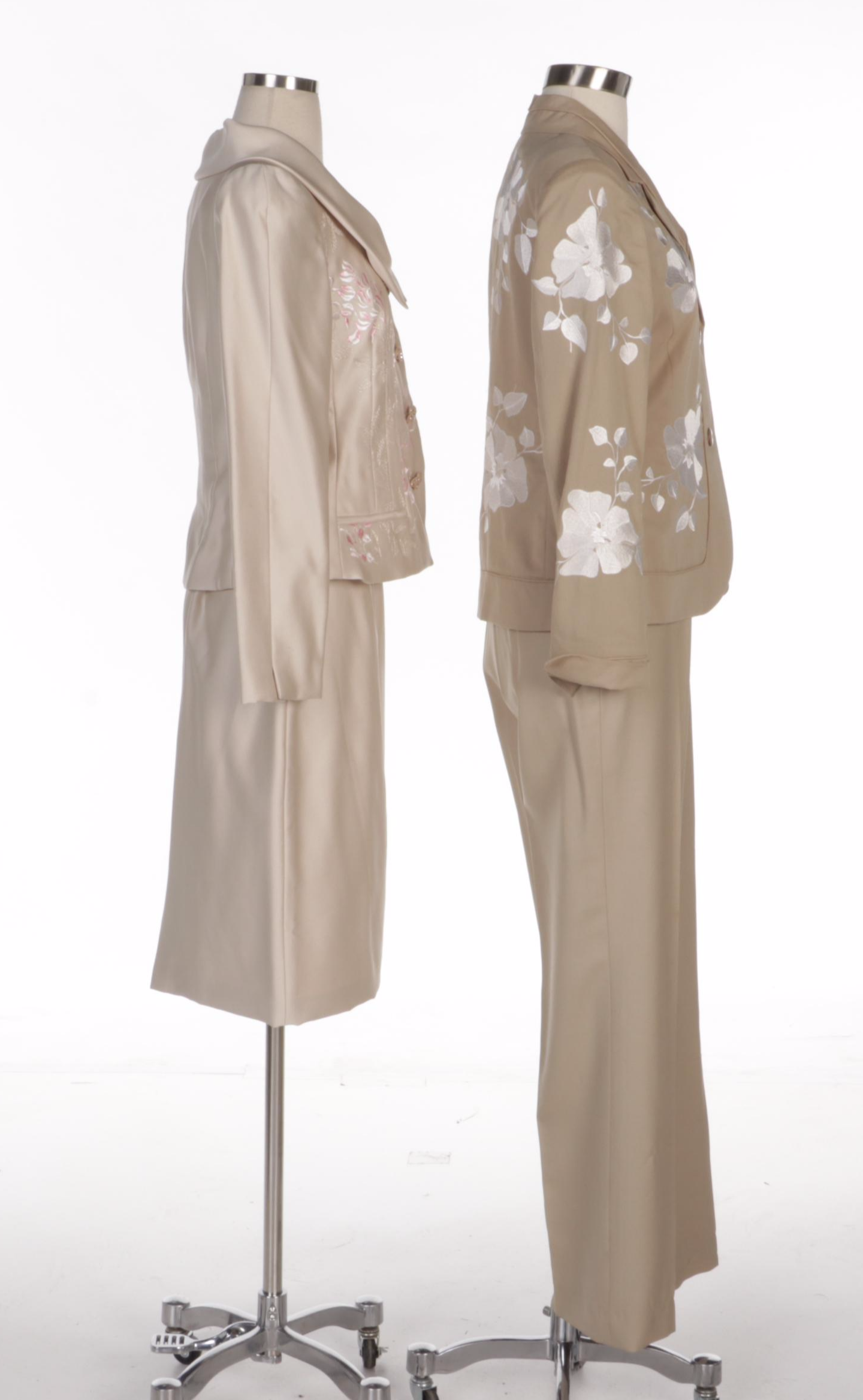 Victor Costa Skirt Suit and Carlisle Pant Suit in Beige with Floral Embroidery
