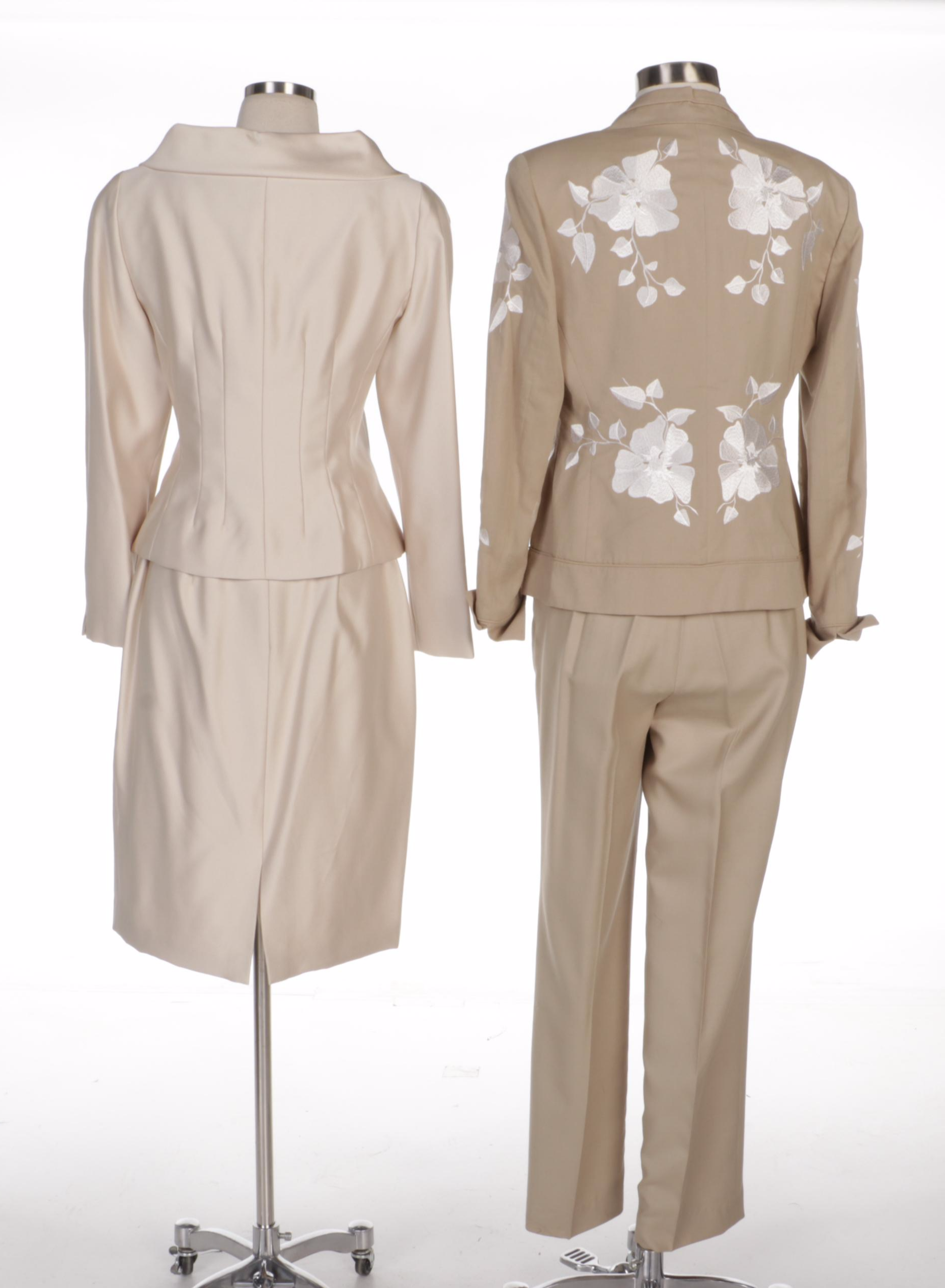 Victor Costa Skirt Suit and Carlisle Pant Suit in Beige with Floral Embroidery