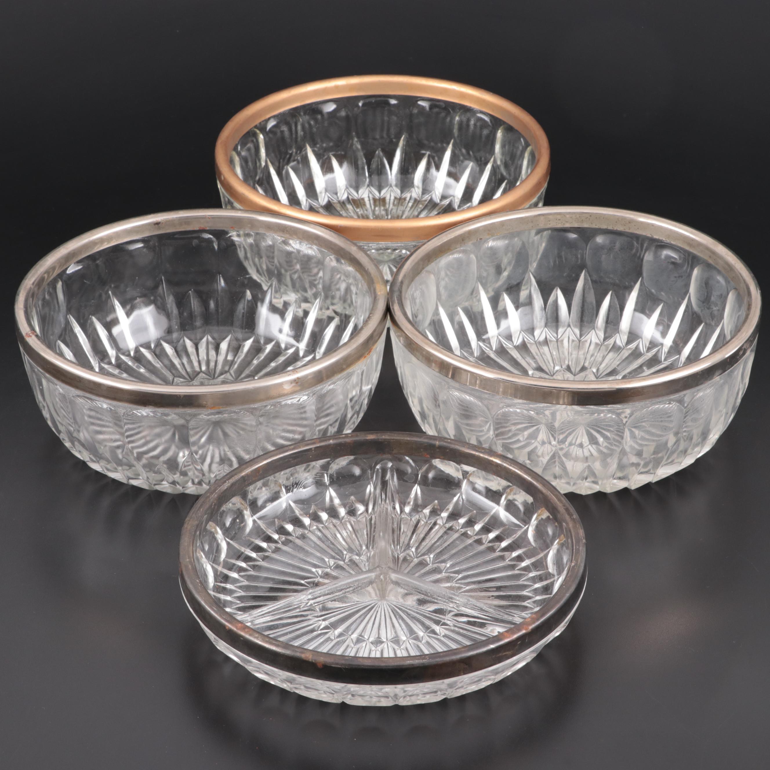 Leonard of Italy Glass Bowls with Silver Plate Rims, Mid to Late 20th Century