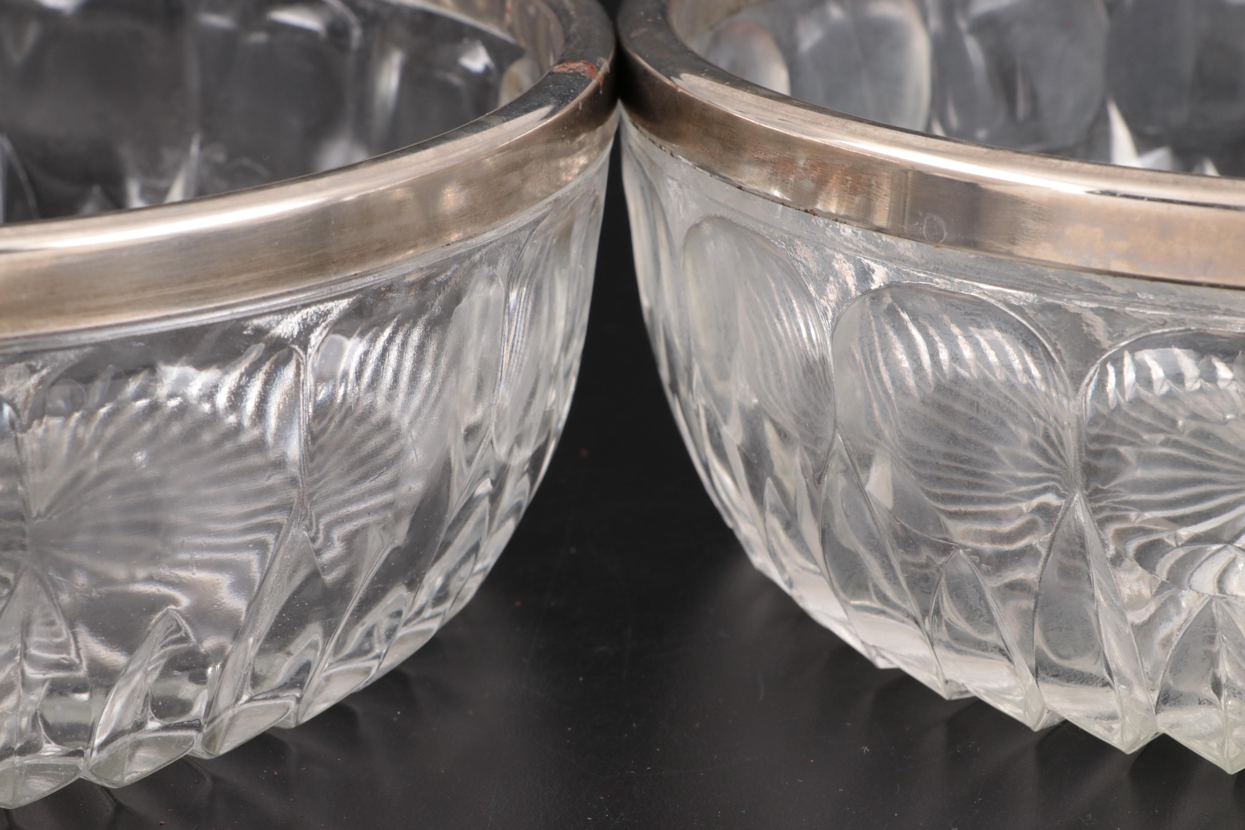 Leonard of Italy Glass Bowls with Silver Plate Rims, Mid to Late 20th Century