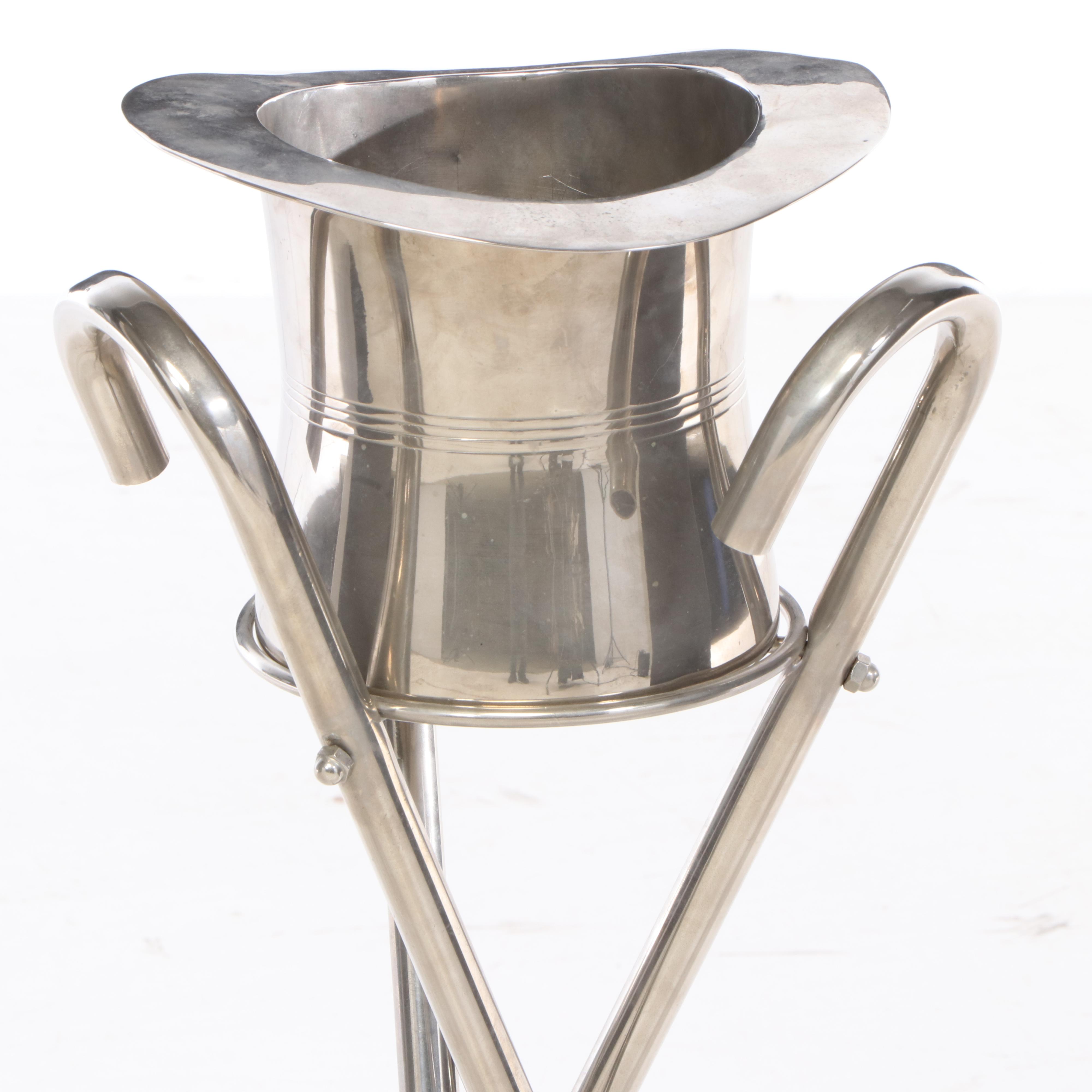 Silver Plate Magic Top Hat Champagne Ice Bucket on Cane-Form Stand