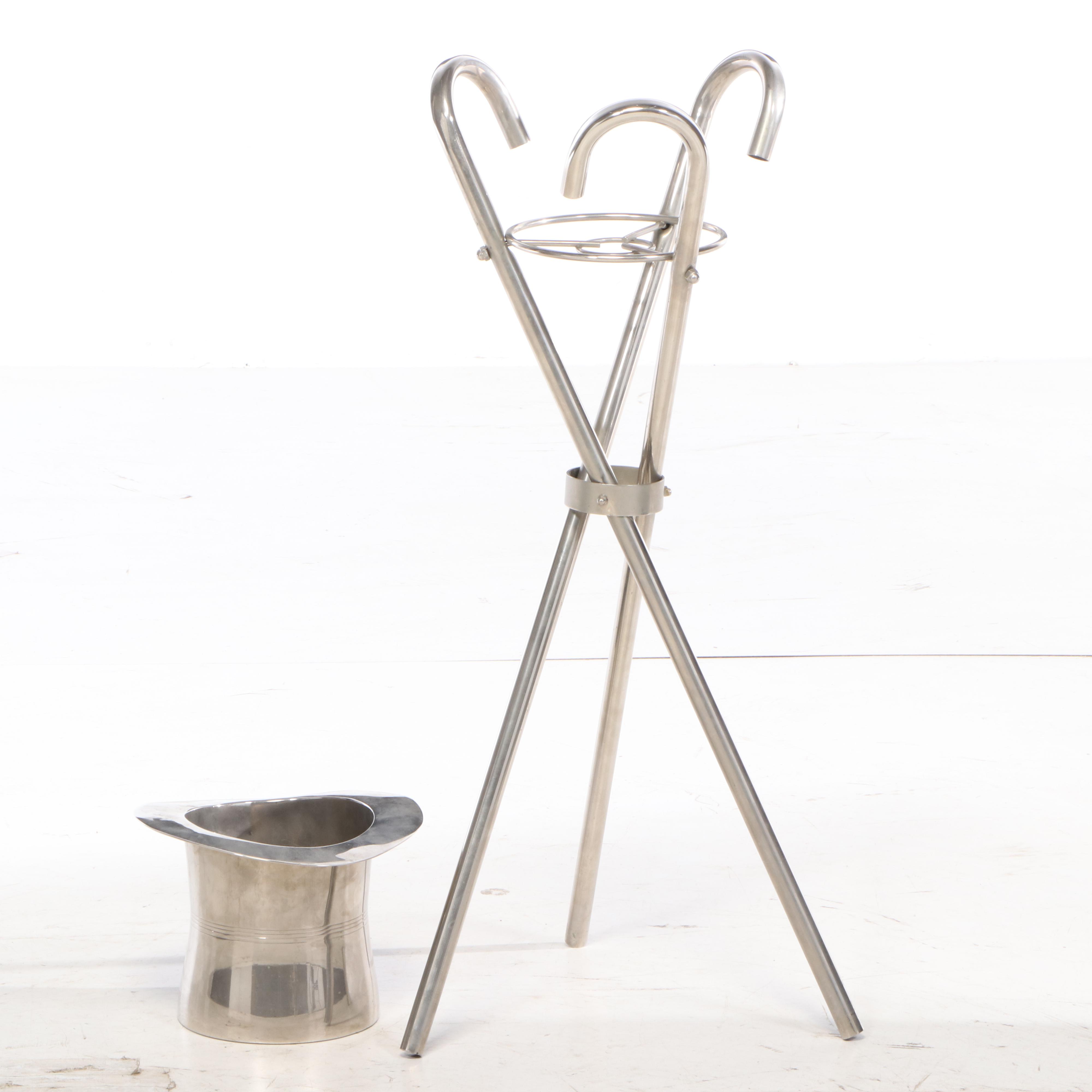 Silver Plate Magic Top Hat Champagne Ice Bucket on Cane-Form Stand