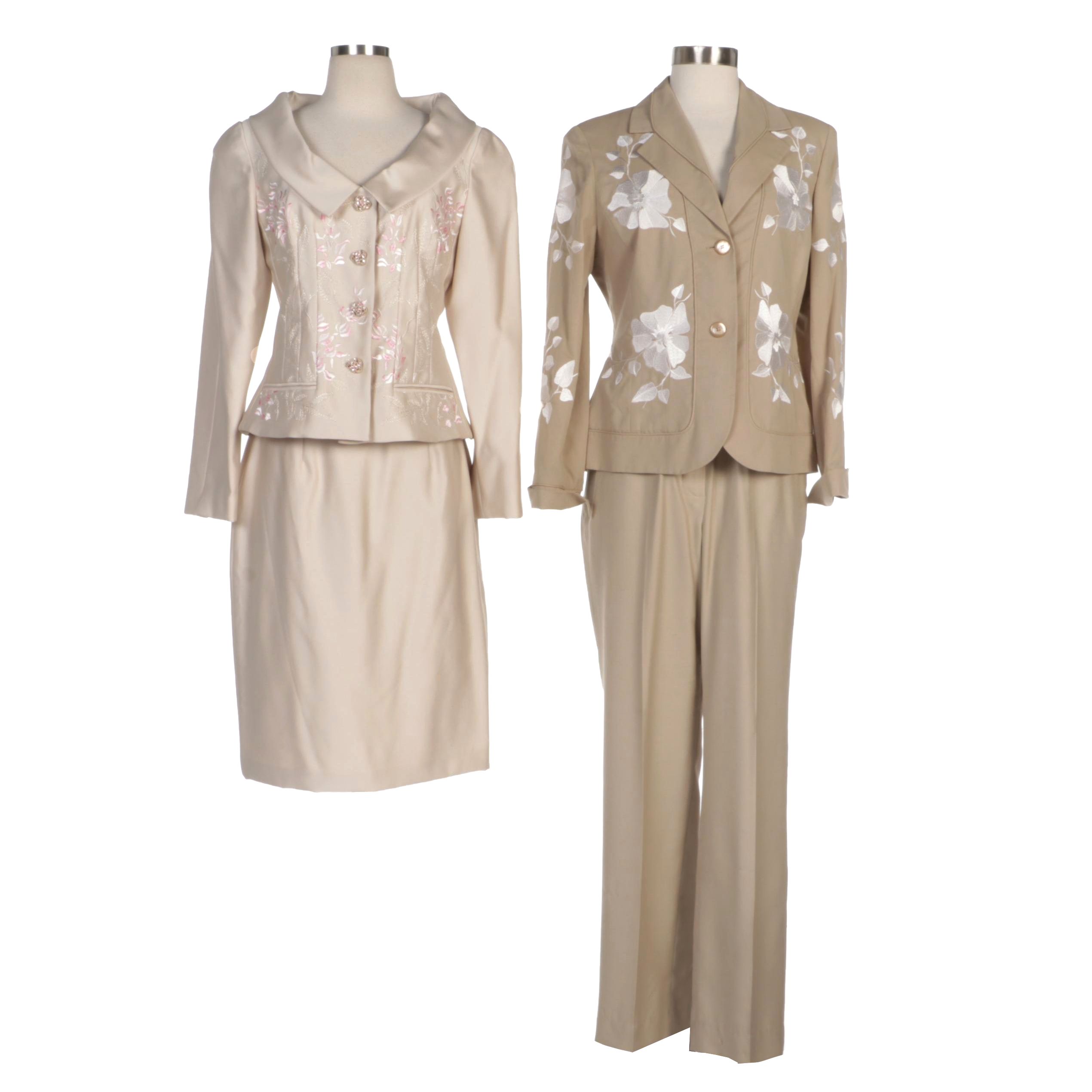 Victor Costa Skirt Suit and Carlisle Pant Suit in Beige with Floral Embroidery