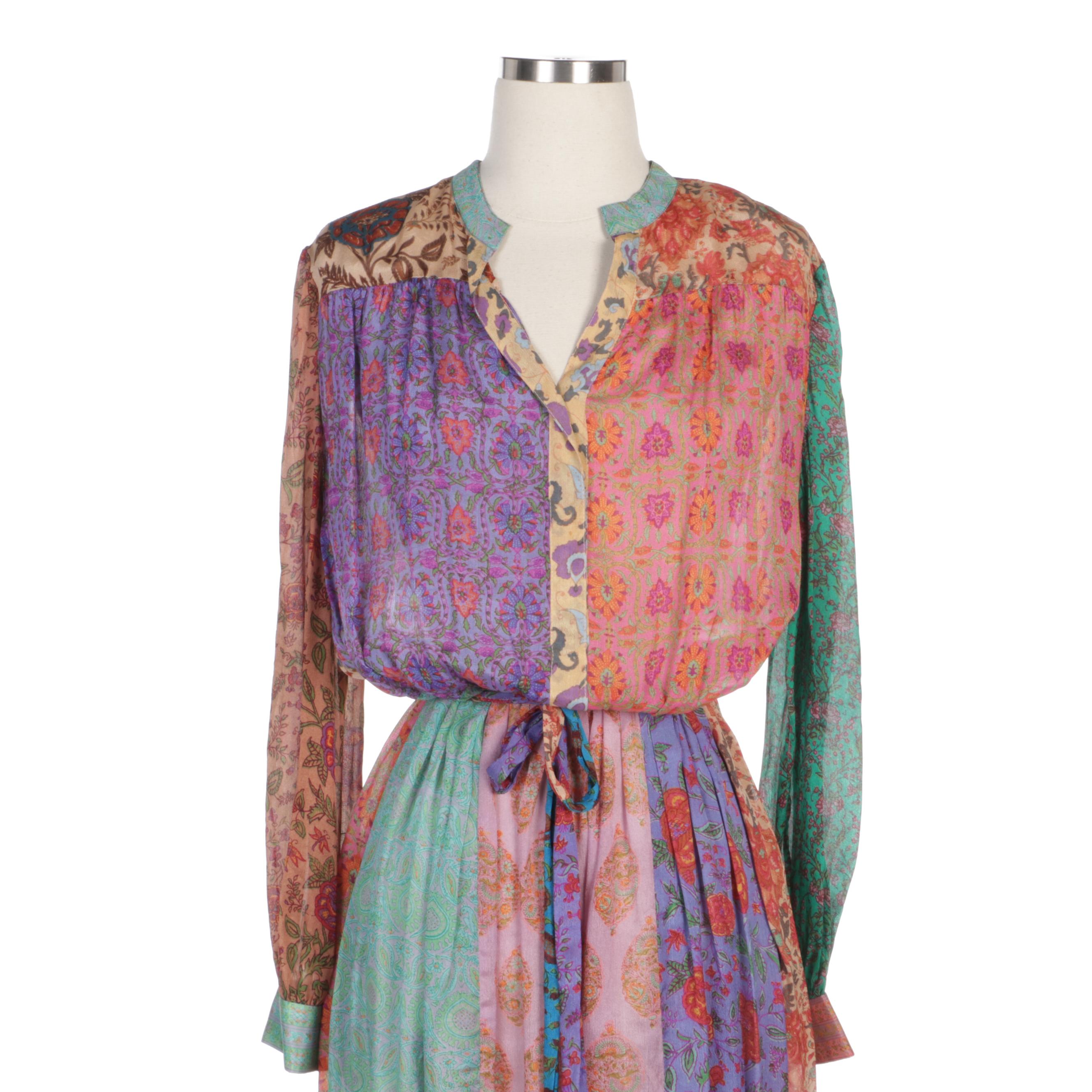 Judith Ann for Heiser-Egan Silk Midi Dress in Paisley and Floral Patch Print