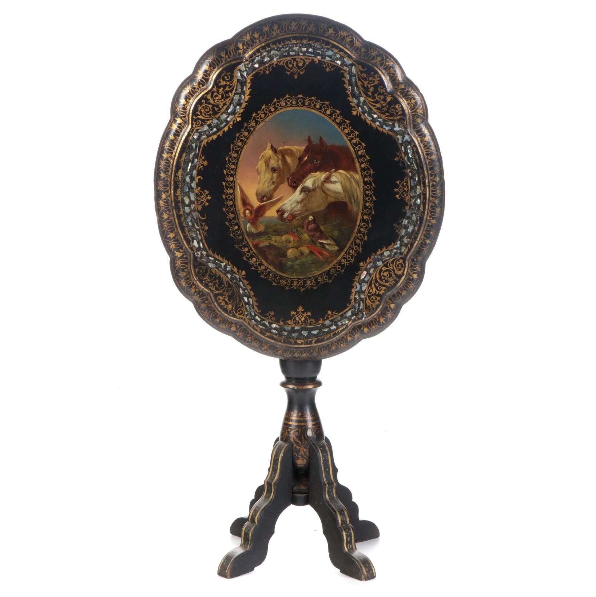 Victorian Ebonized, Polychromed, and MOP-Inlaid Papier Mâché Tilt-Top Table
