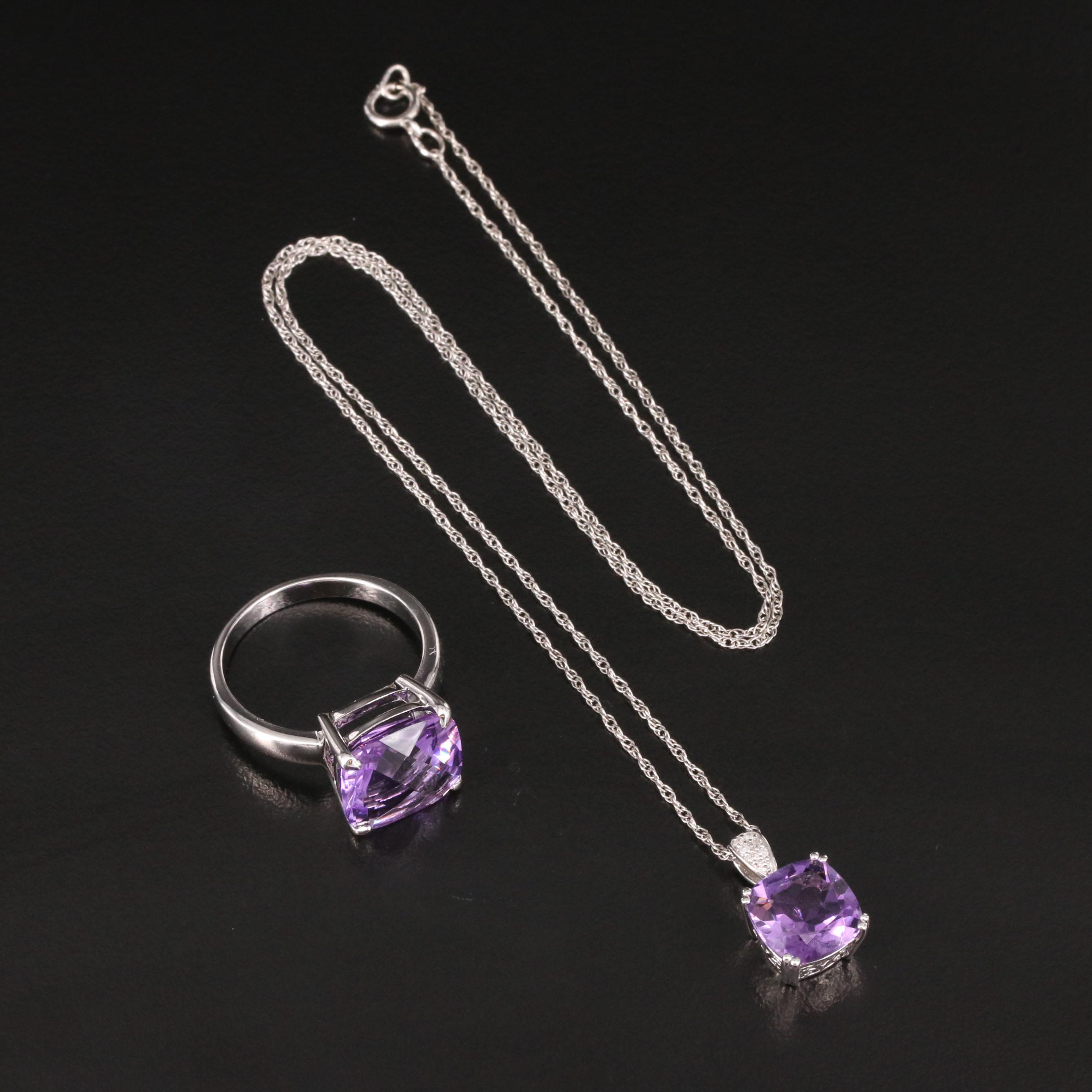 Sterling Silver Ring and Necklace with Amethysts and Diamonds