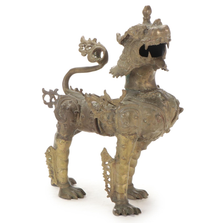 Tibetan Style Bronze Guardian Lion Statue, 20th Century