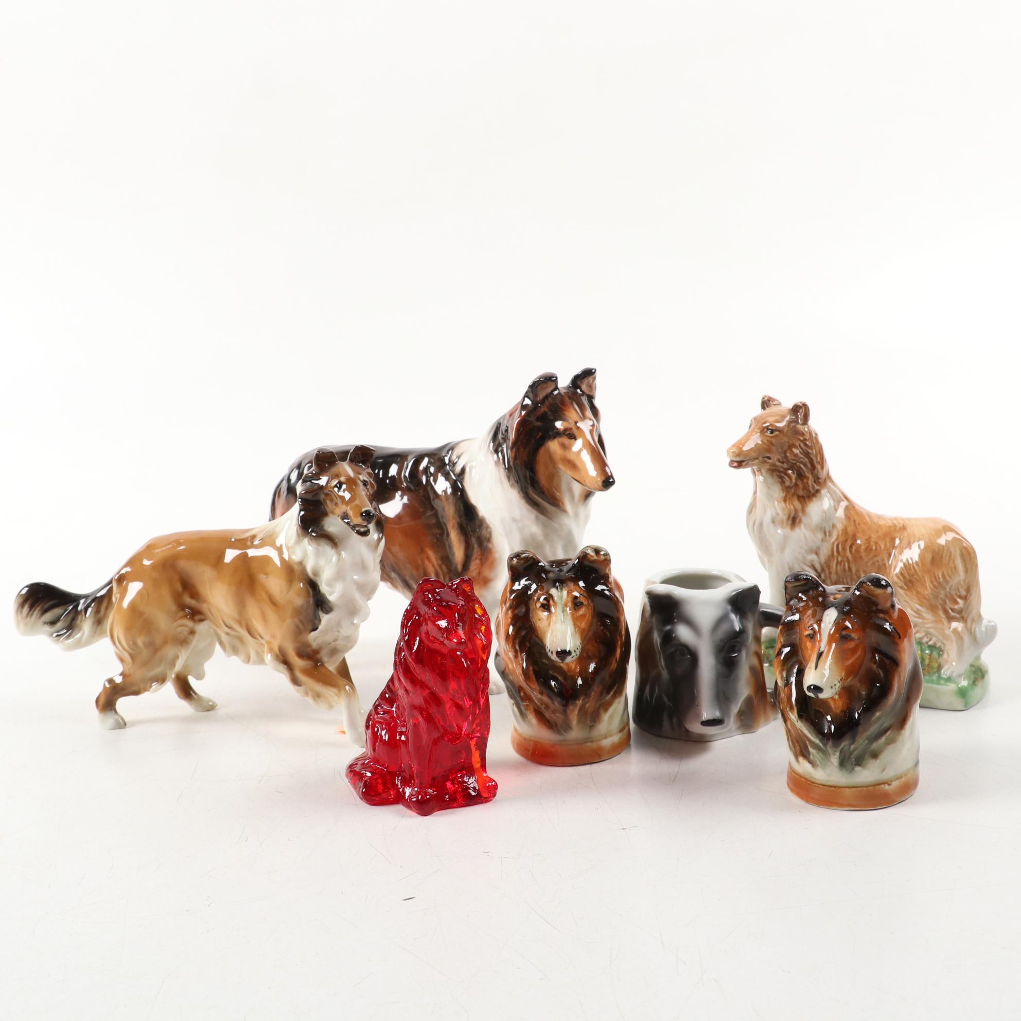 Royal Doulton Porcelain Collie with Decanter and Other Collie Accessories