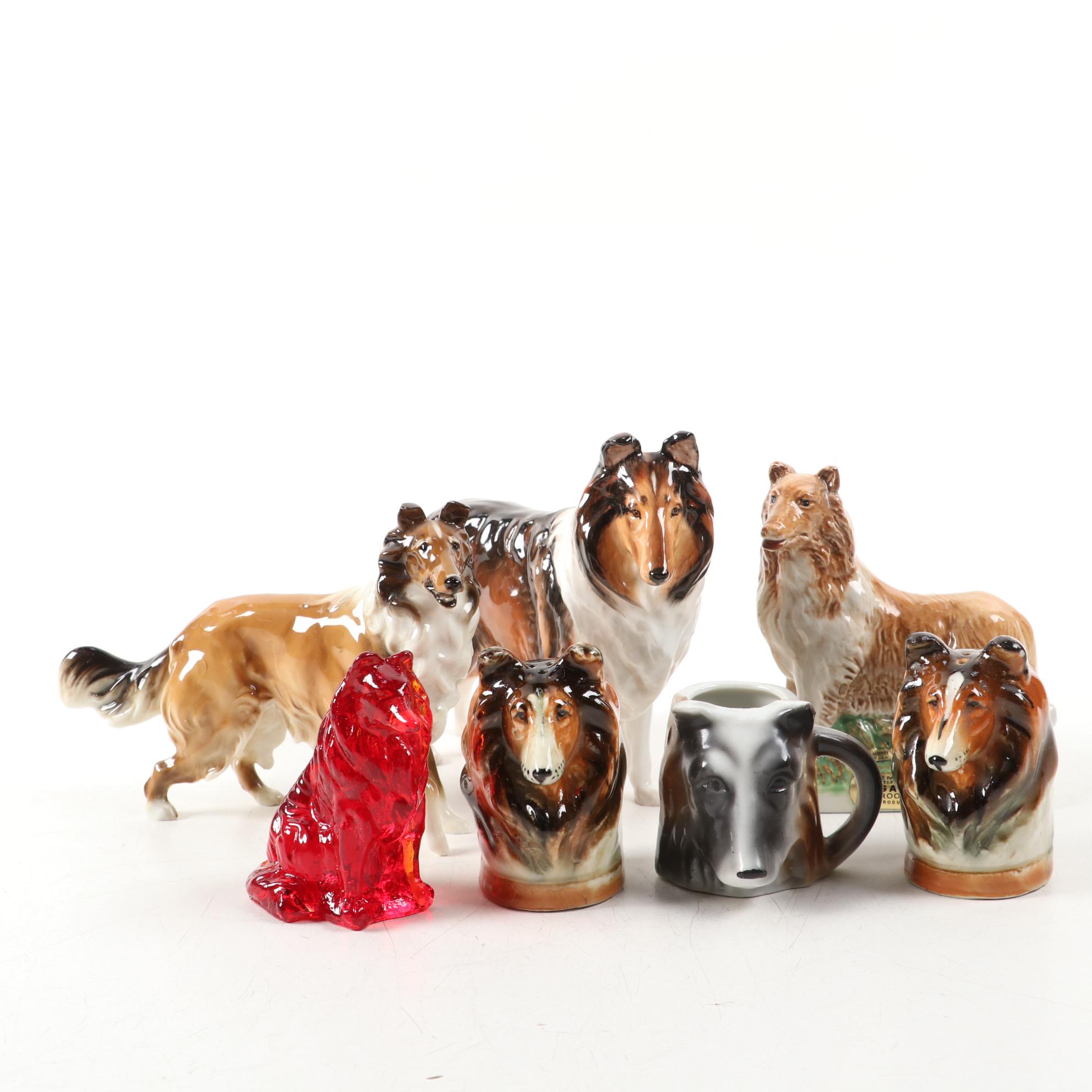 Royal Doulton Porcelain Collie with Decanter and Other Collie Accessories