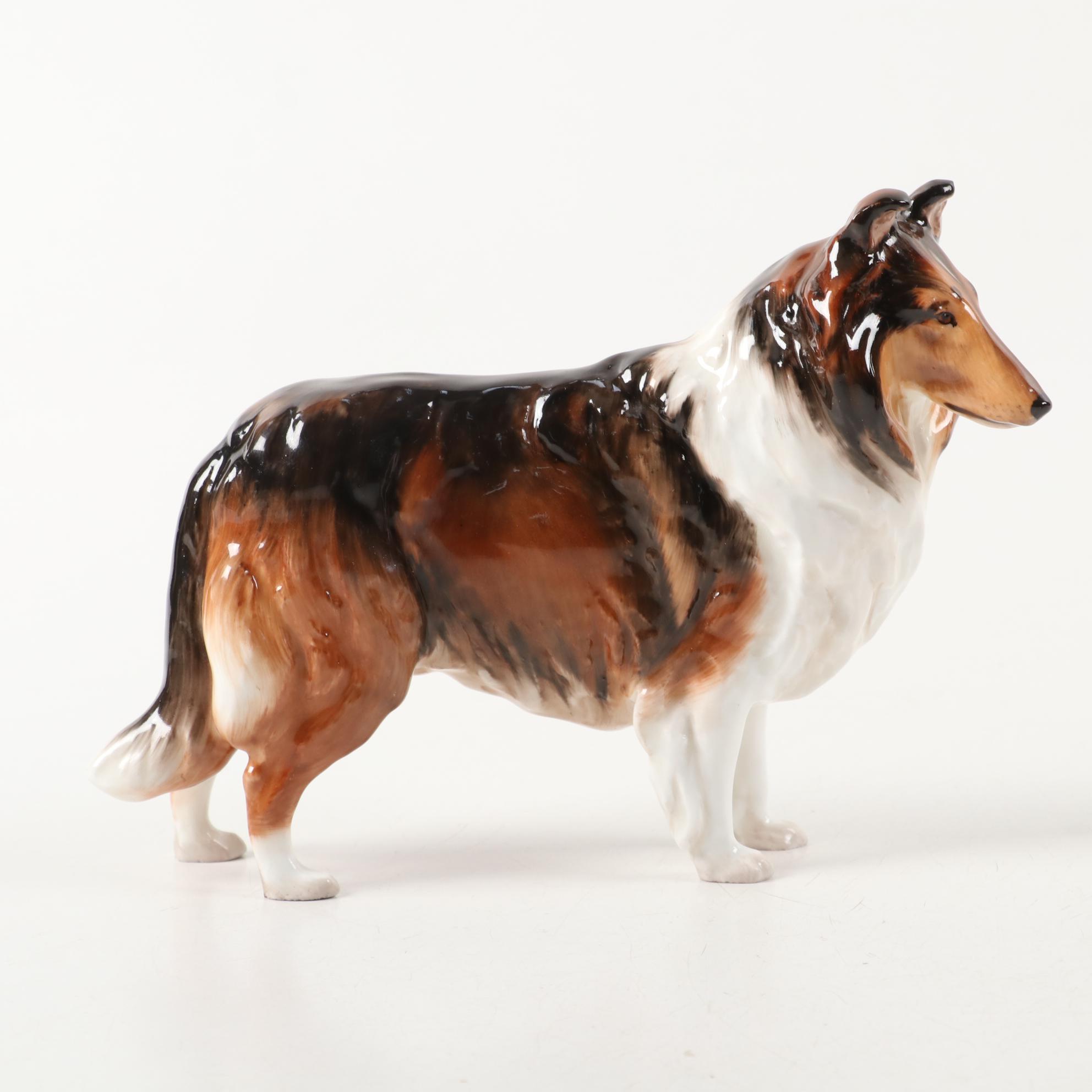 Royal Doulton Porcelain Collie with Decanter and Other Collie Accessories