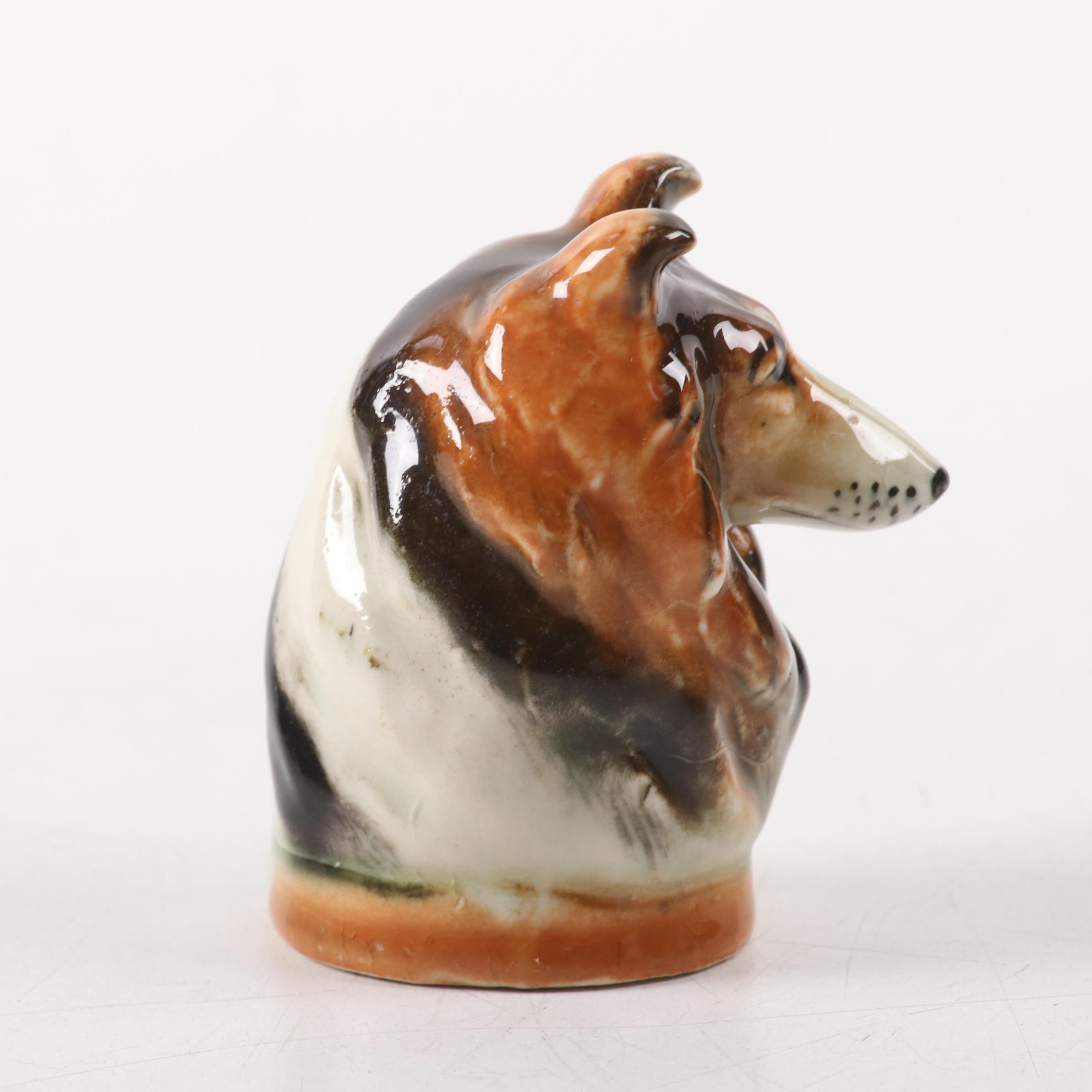 Royal Doulton Porcelain Collie with Decanter and Other Collie Accessories