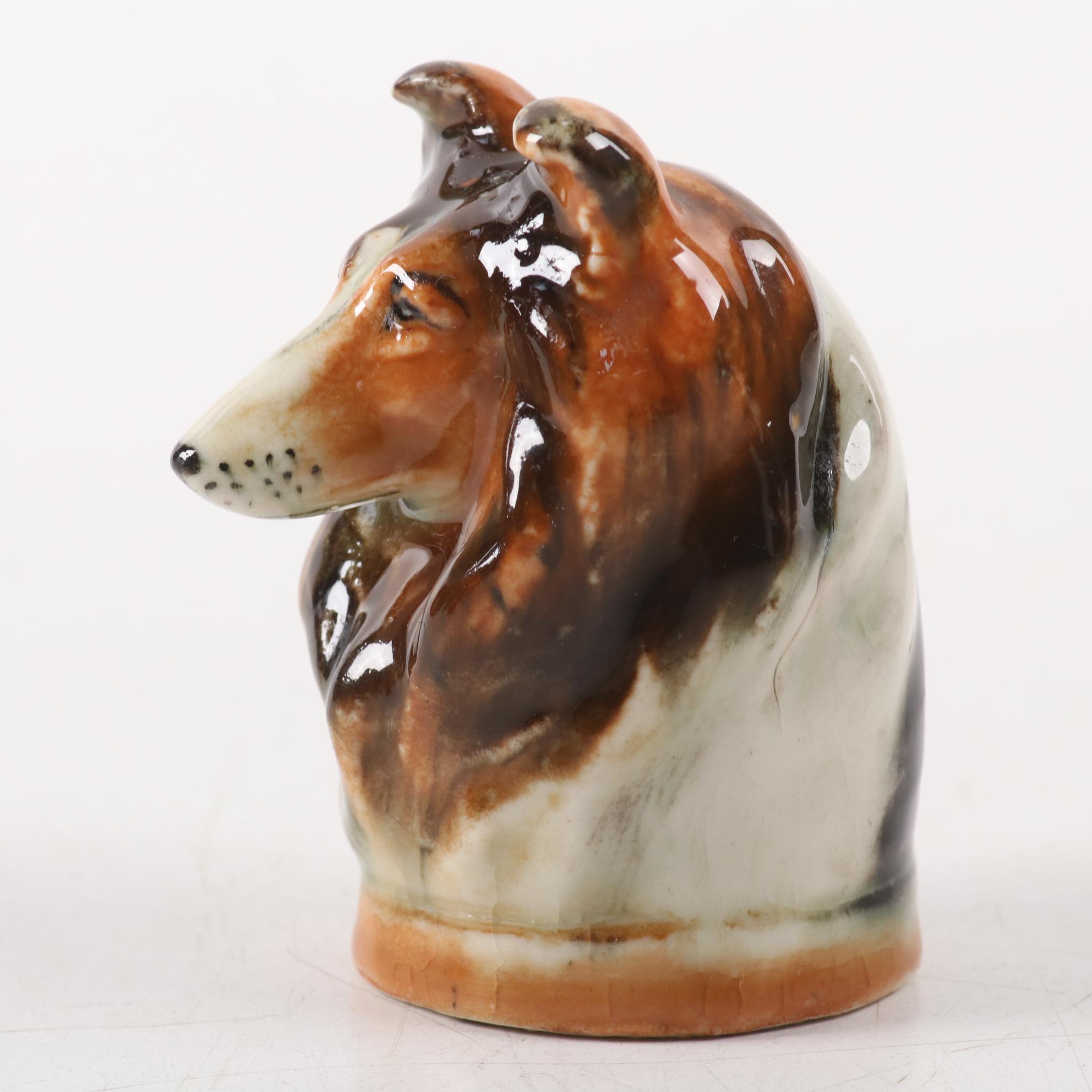 Royal Doulton Porcelain Collie with Decanter and Other Collie Accessories