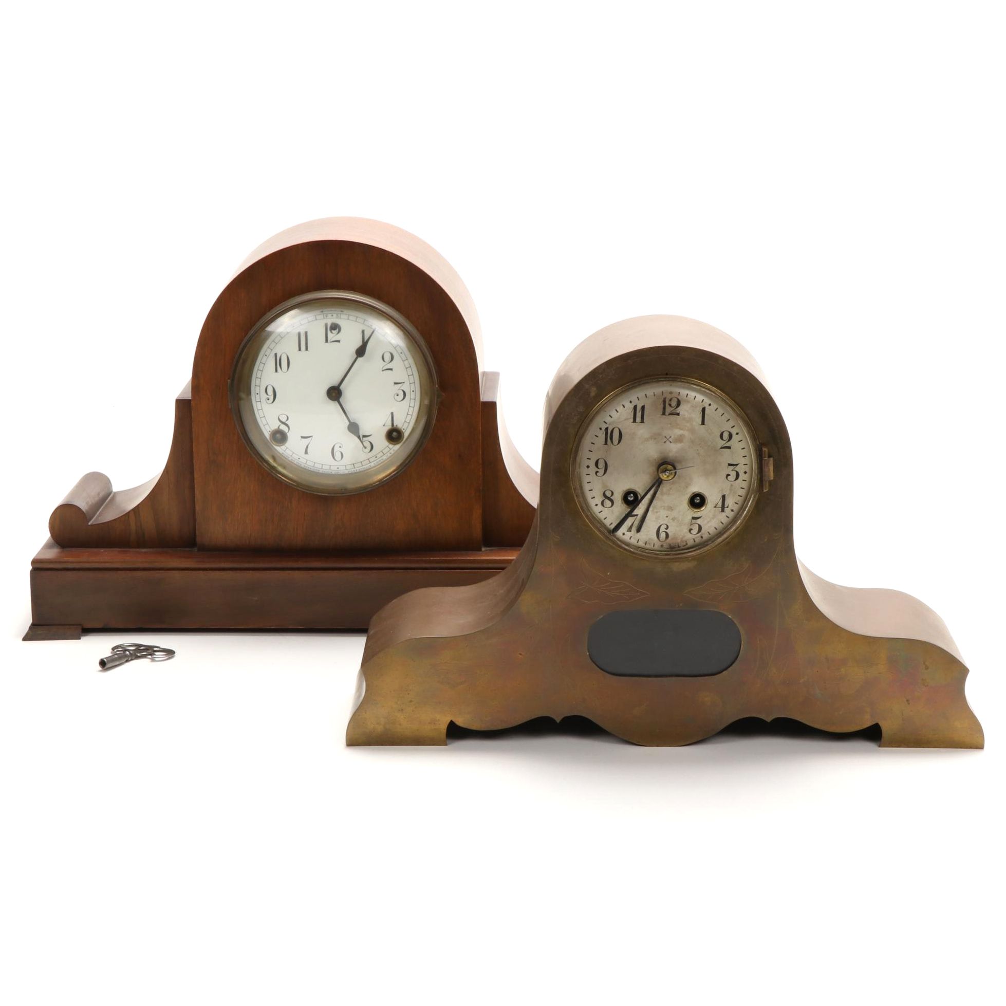 Sessions Walnut and Hamburg American  Etched Brass Tambour Mantle Clocks