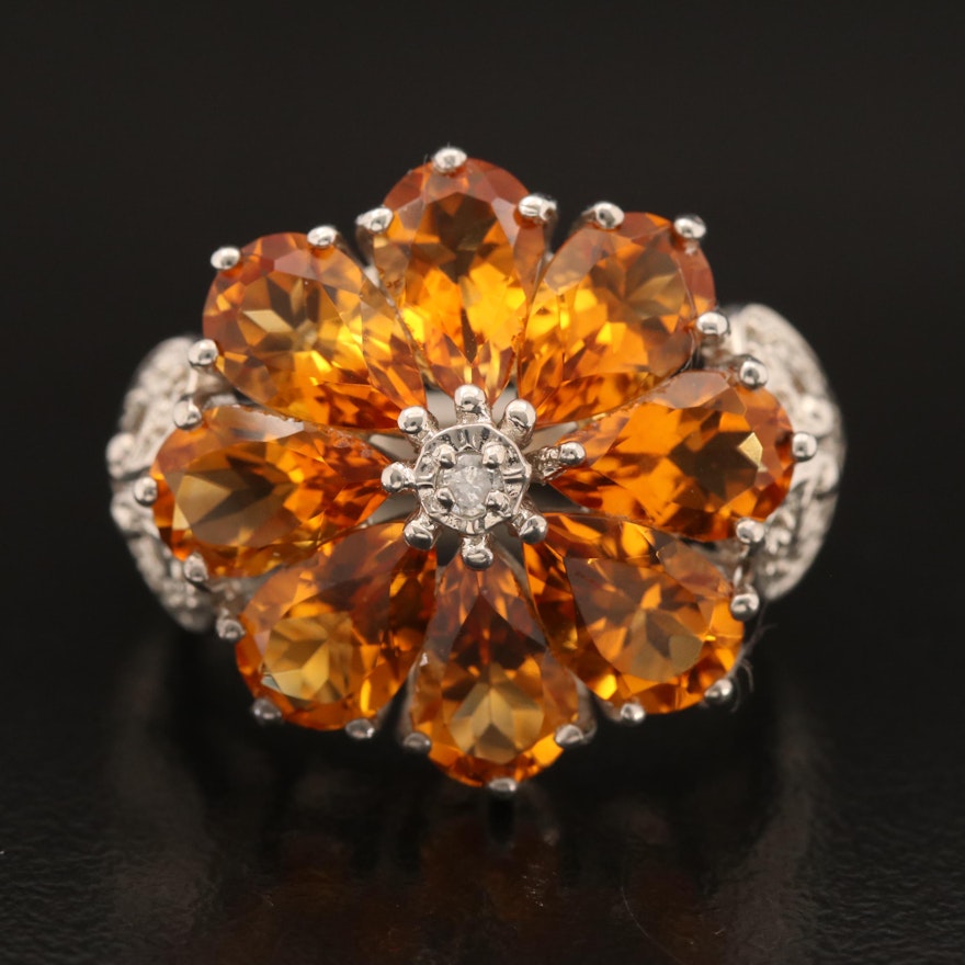 Sterling Silver Citrine and Diamond Flower and Heart Ring