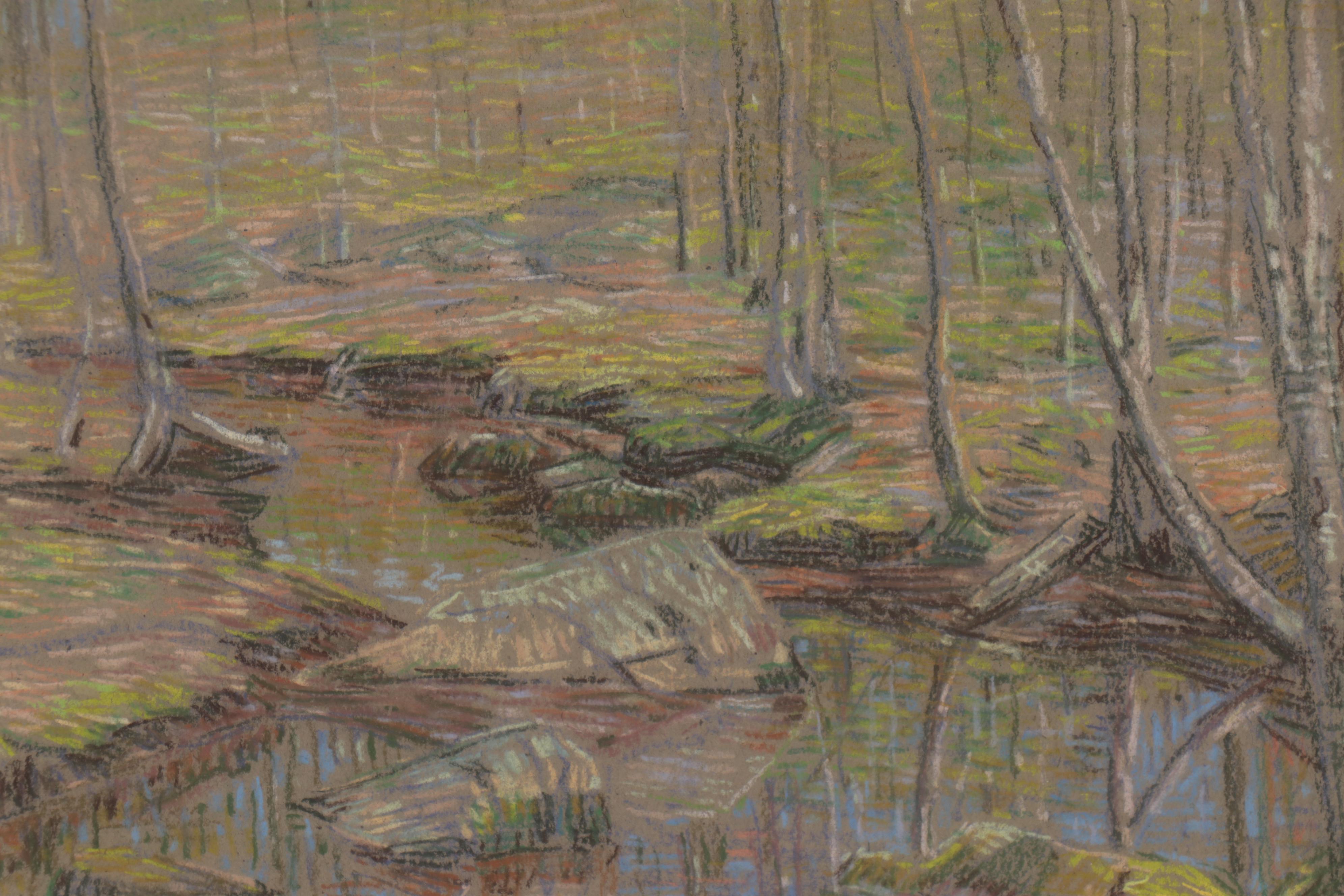 Charles Kaelin Landscape Pastel Drawing of Forest Stream, circa 1910
