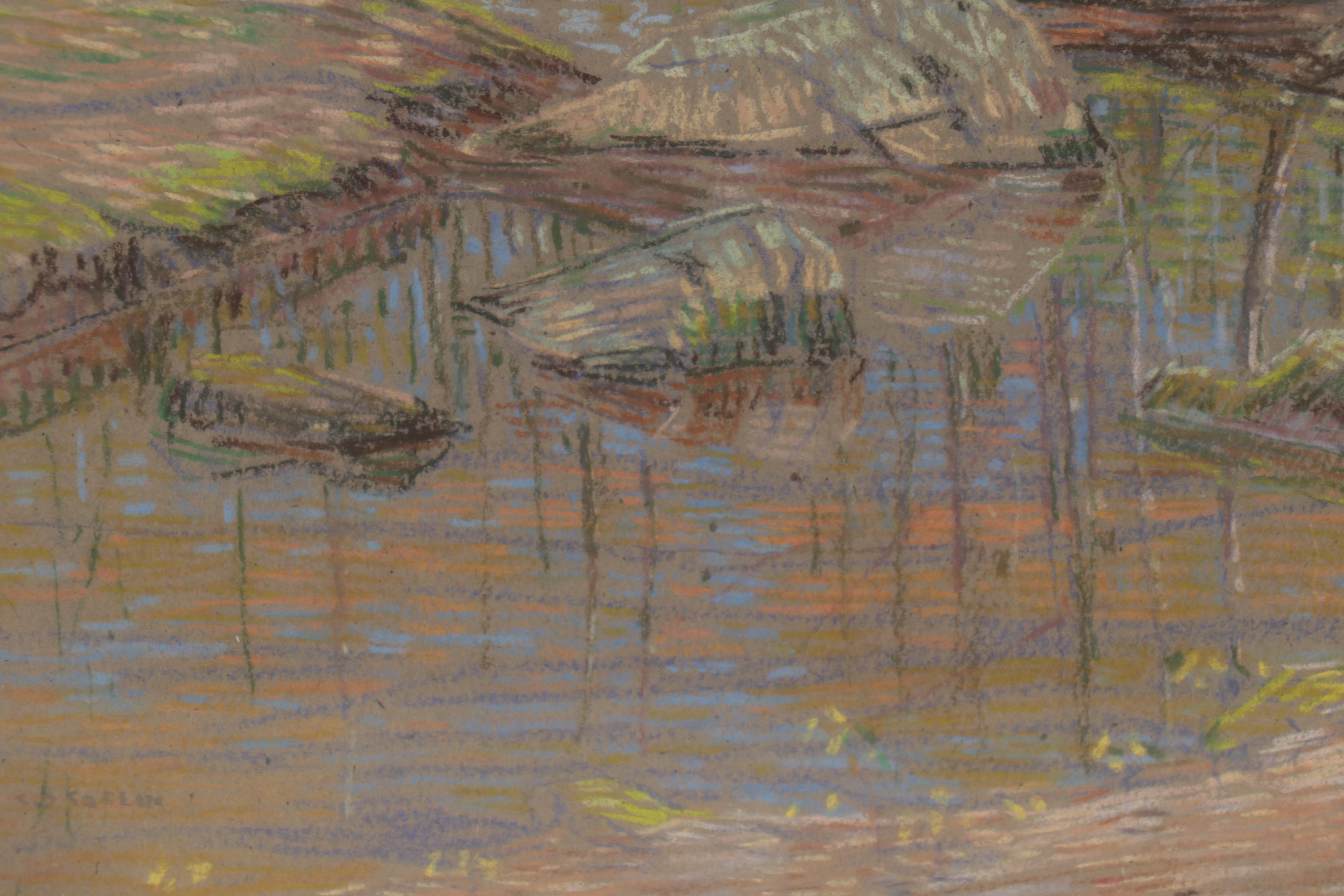 Charles Kaelin Landscape Pastel Drawing of Forest Stream, circa 1910