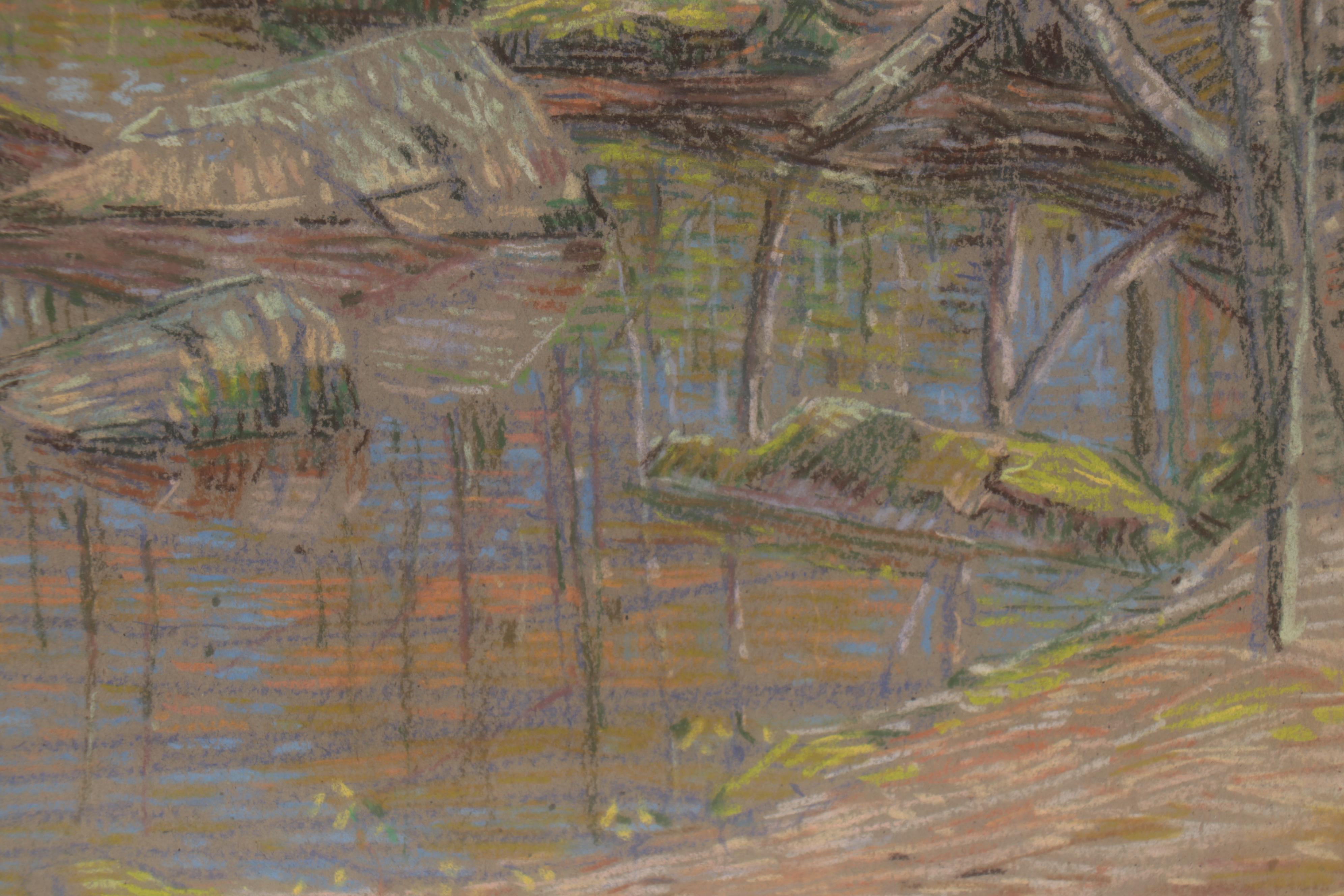 Charles Kaelin Landscape Pastel Drawing of Forest Stream, circa 1910