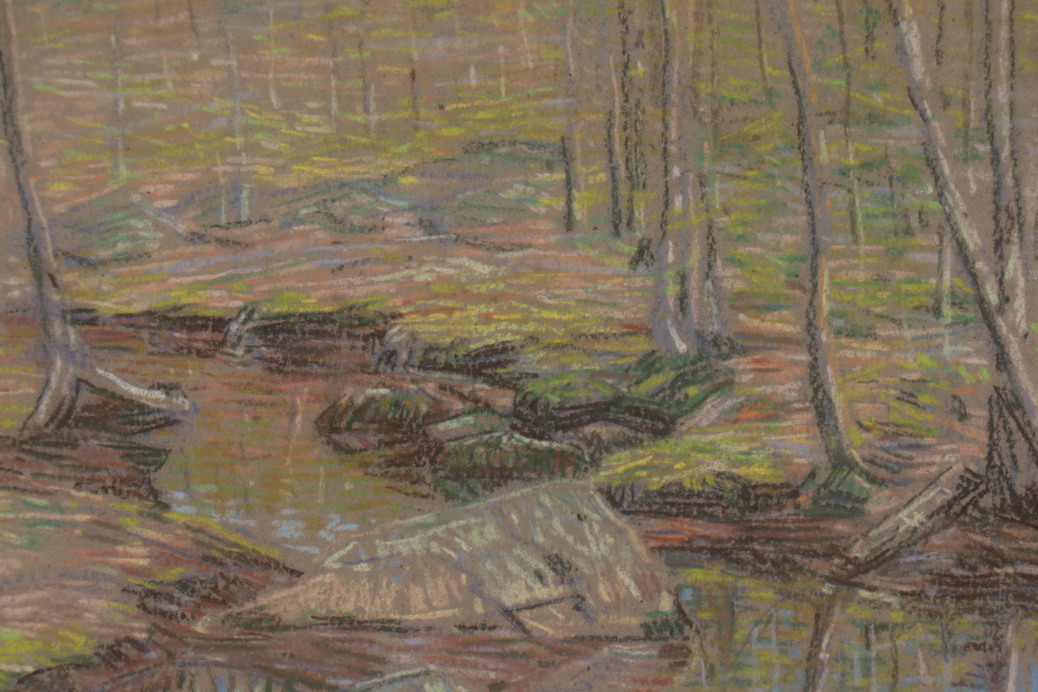 Charles Kaelin Landscape Pastel Drawing of Forest Stream, circa 1910
