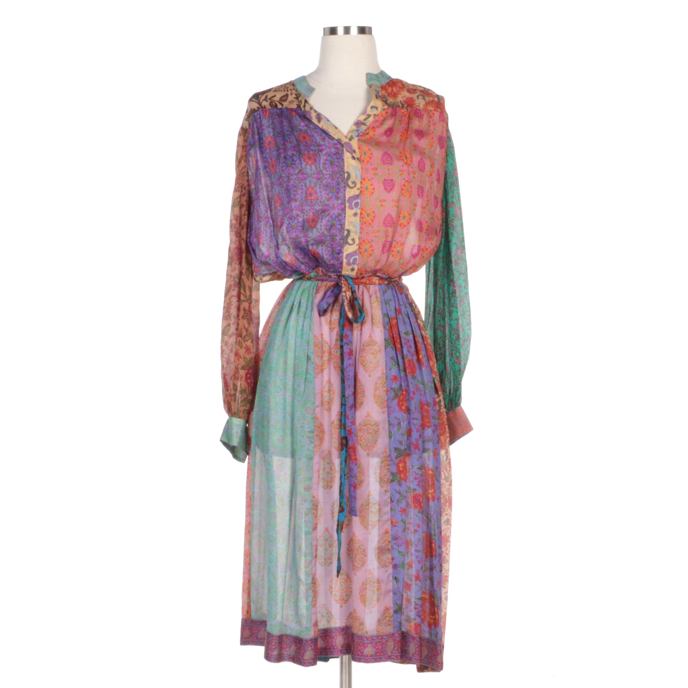 Judith Ann for Heiser-Egan Silk Midi Dress in Paisley and Floral Patch Print