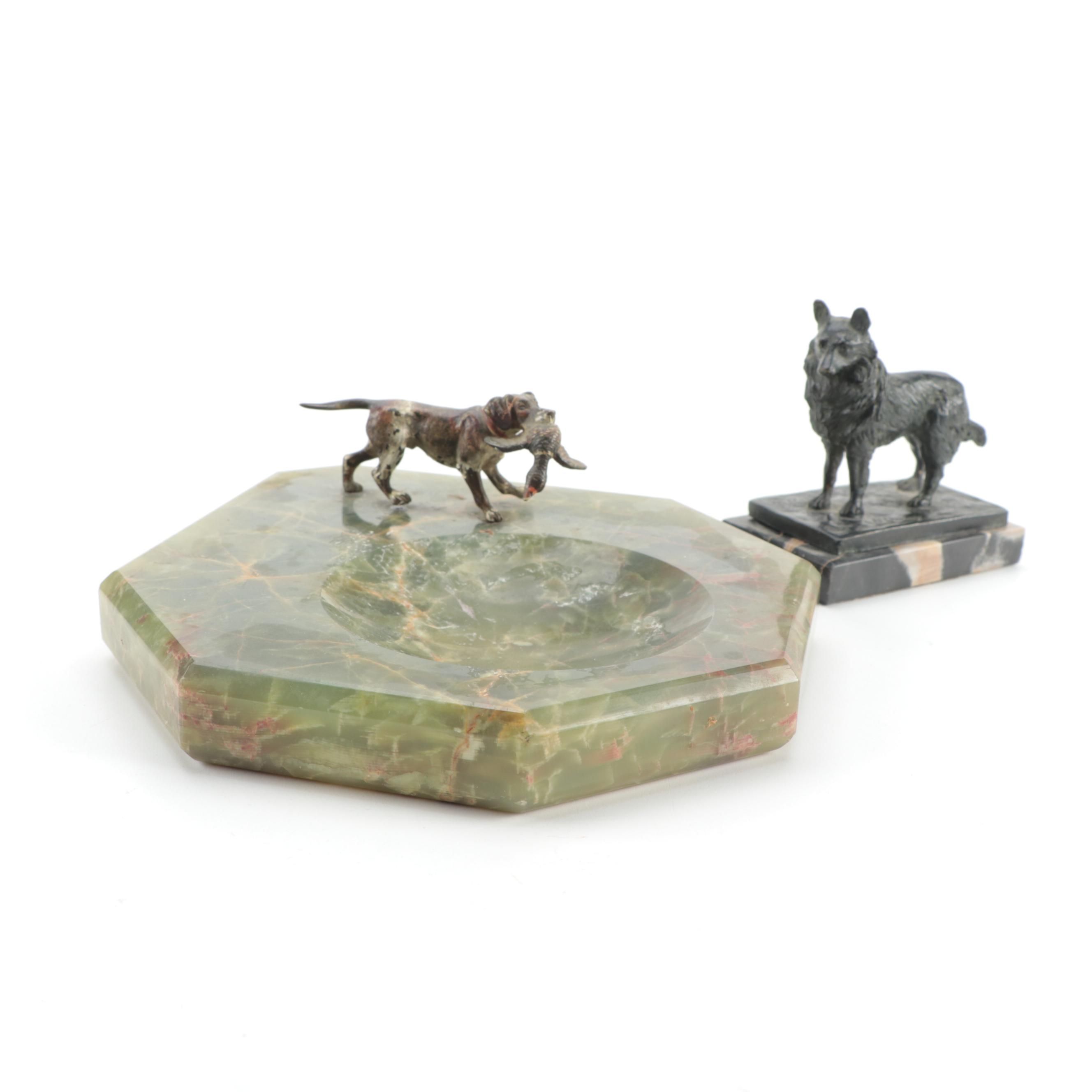Continental Painted Bronze Hunting Dog Onyx Ashtray, and Bronze Dog on Marble