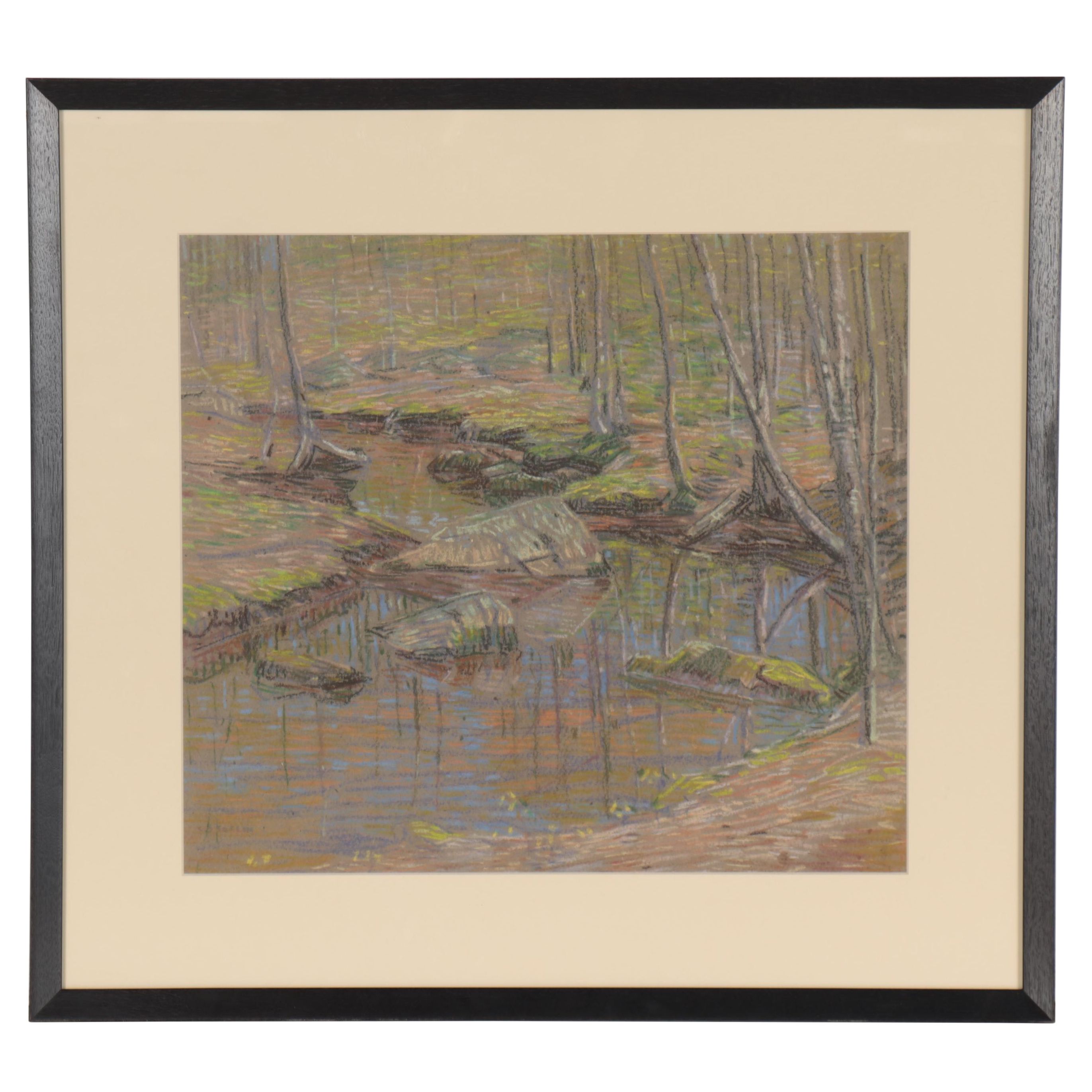Charles Kaelin Landscape Pastel Drawing of Forest Stream, circa 1910
