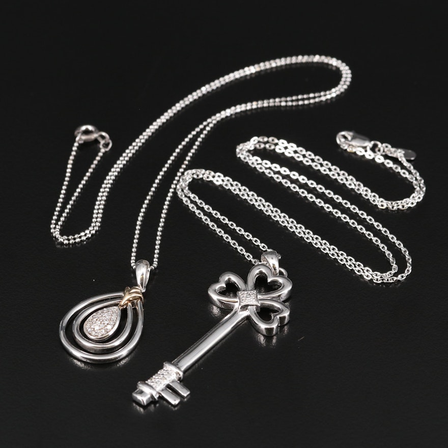 Sterling Diamond Key and Teardrop Necklaces with 14K Accent