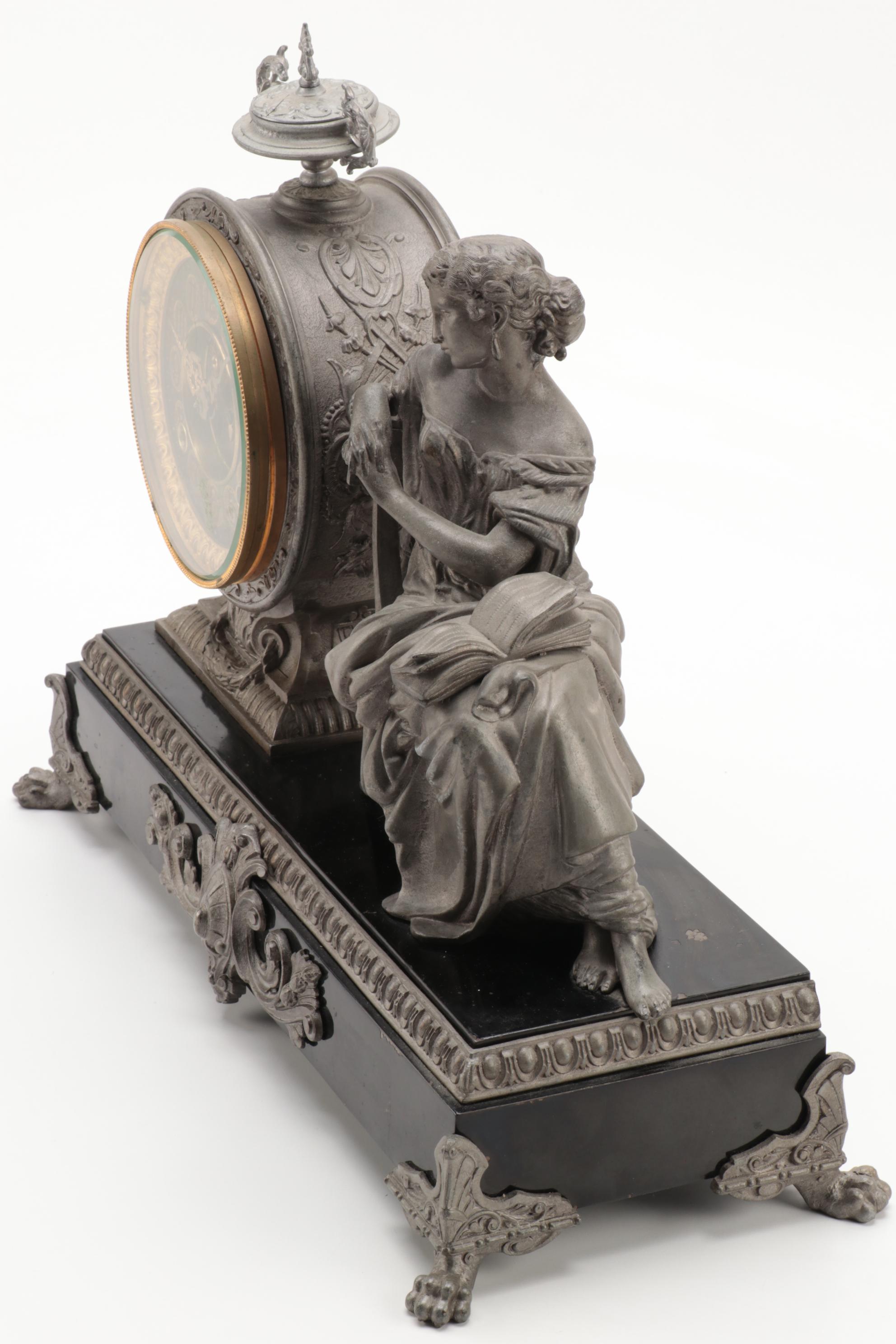 Victorian Ansonia Cast Spelter Figural Mantel Clock, Late 19th Century
